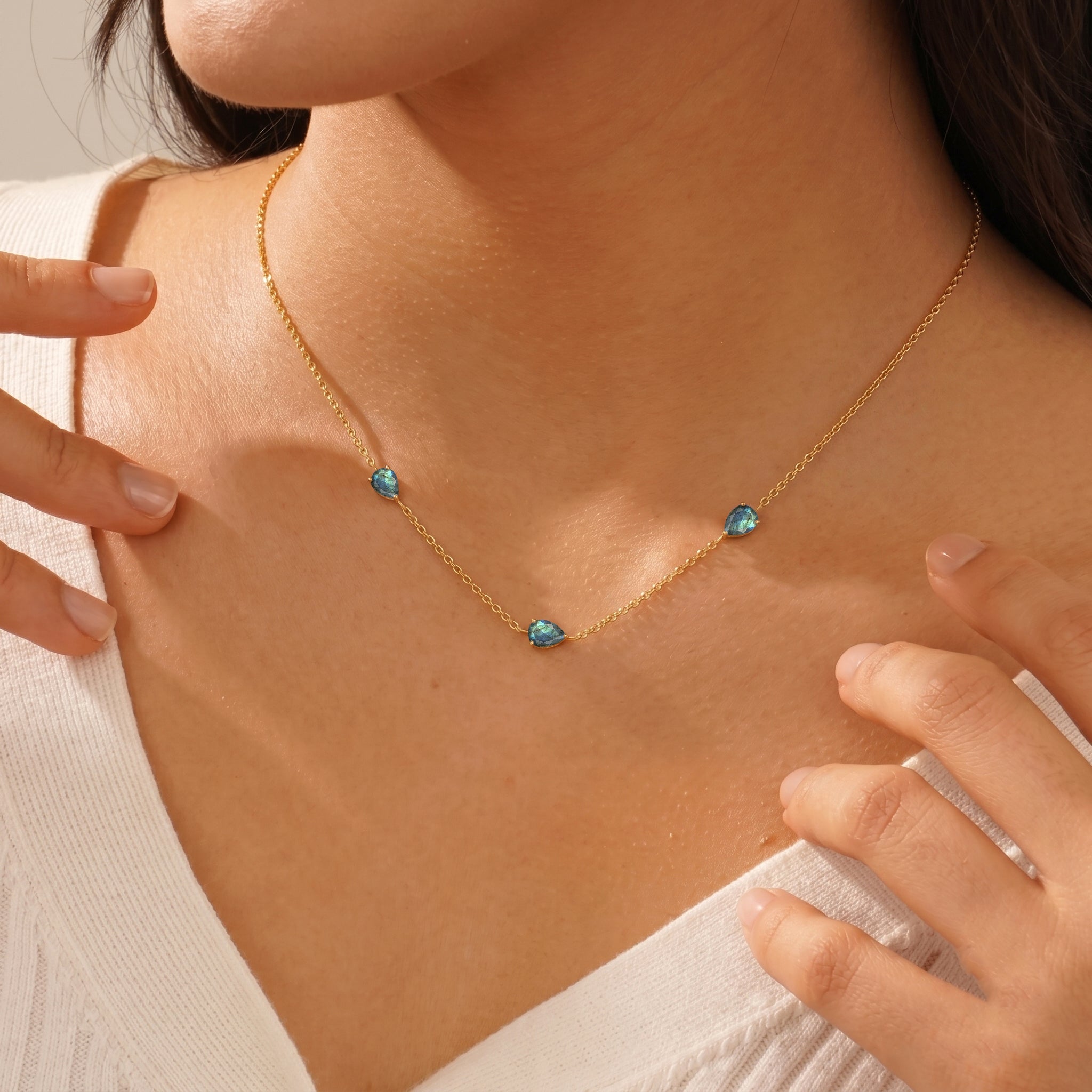 Fine jewelry Labradorite necklace in sterling silver setting
