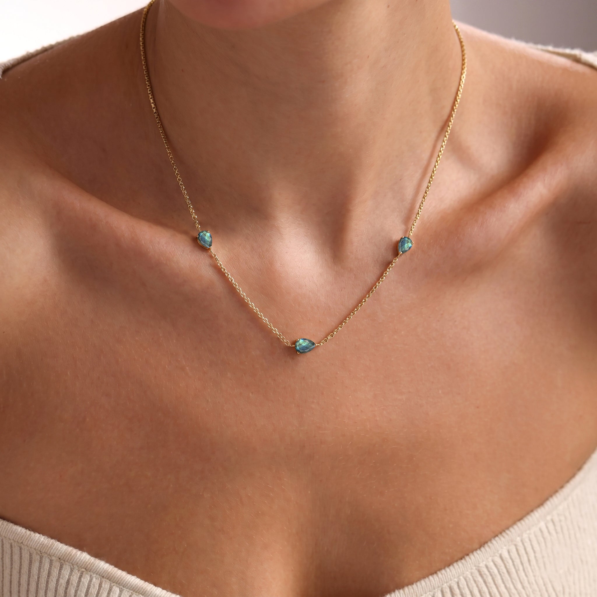 Labradorite gemstone necklace with yellow gold filled finish
