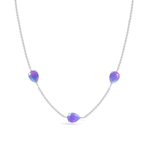Natural Lavender Opal Three Stone Station Necklace in 925 Sterling Silver
