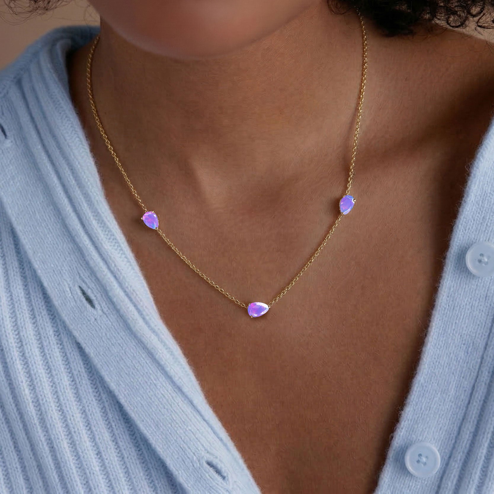 Lavender Opal three stone necklace featuring October birthstone gemstones
