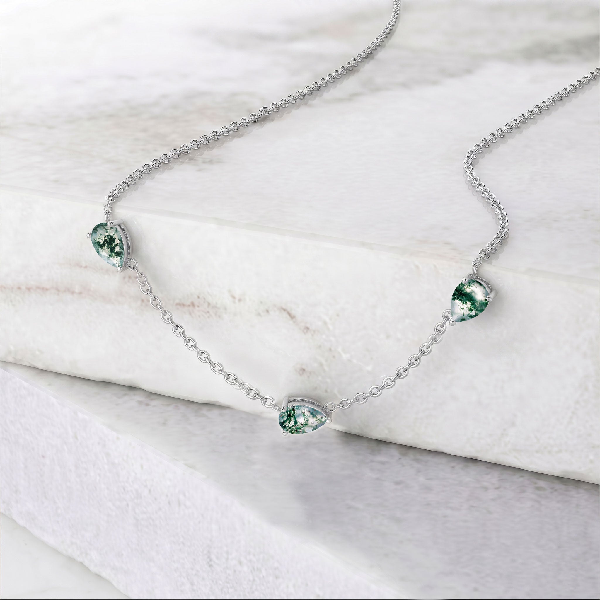 Pear cut Moss Agate necklace in 925 sterling silver jewelry
