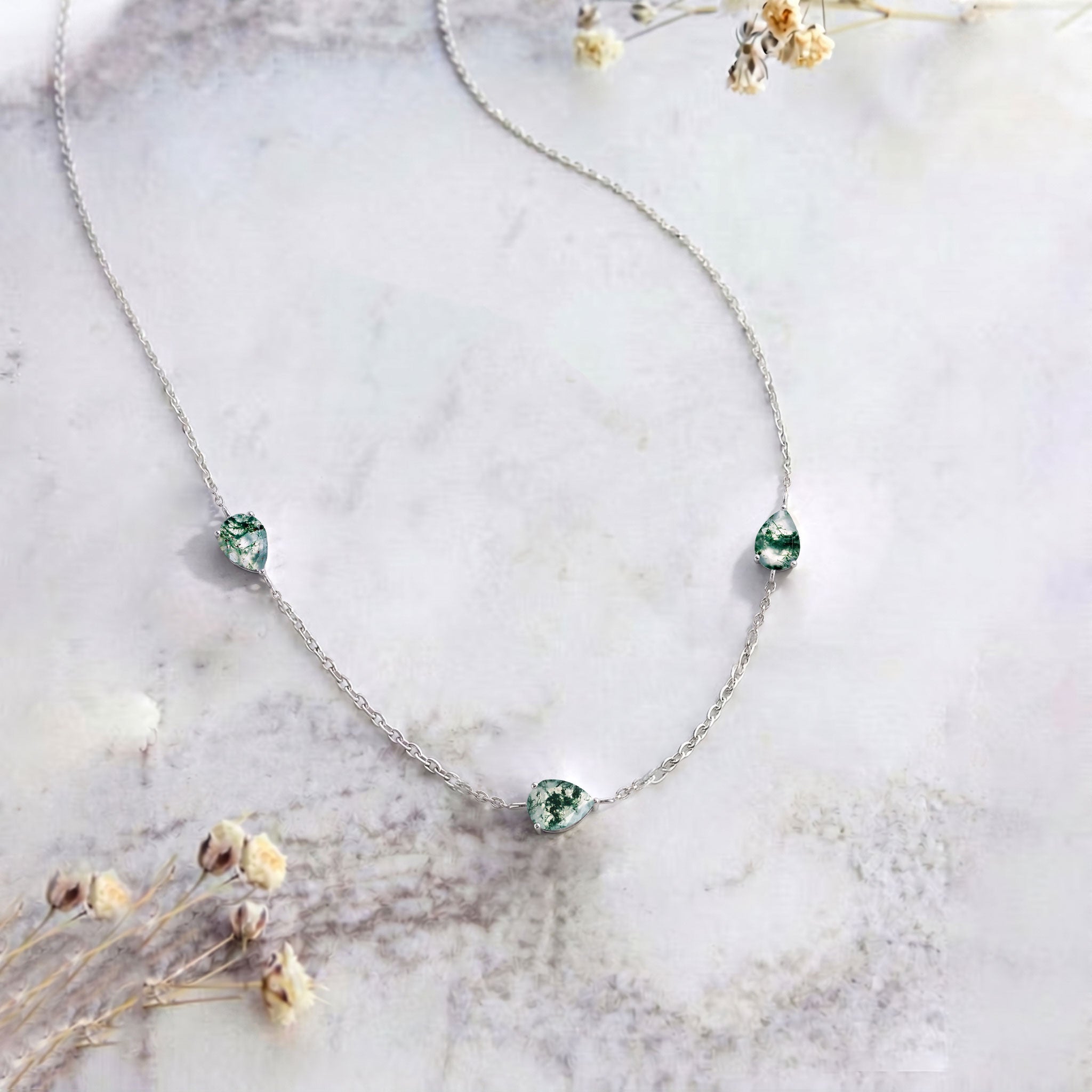 Yellow gold filled Moss Agate necklace with three pear cut stones
