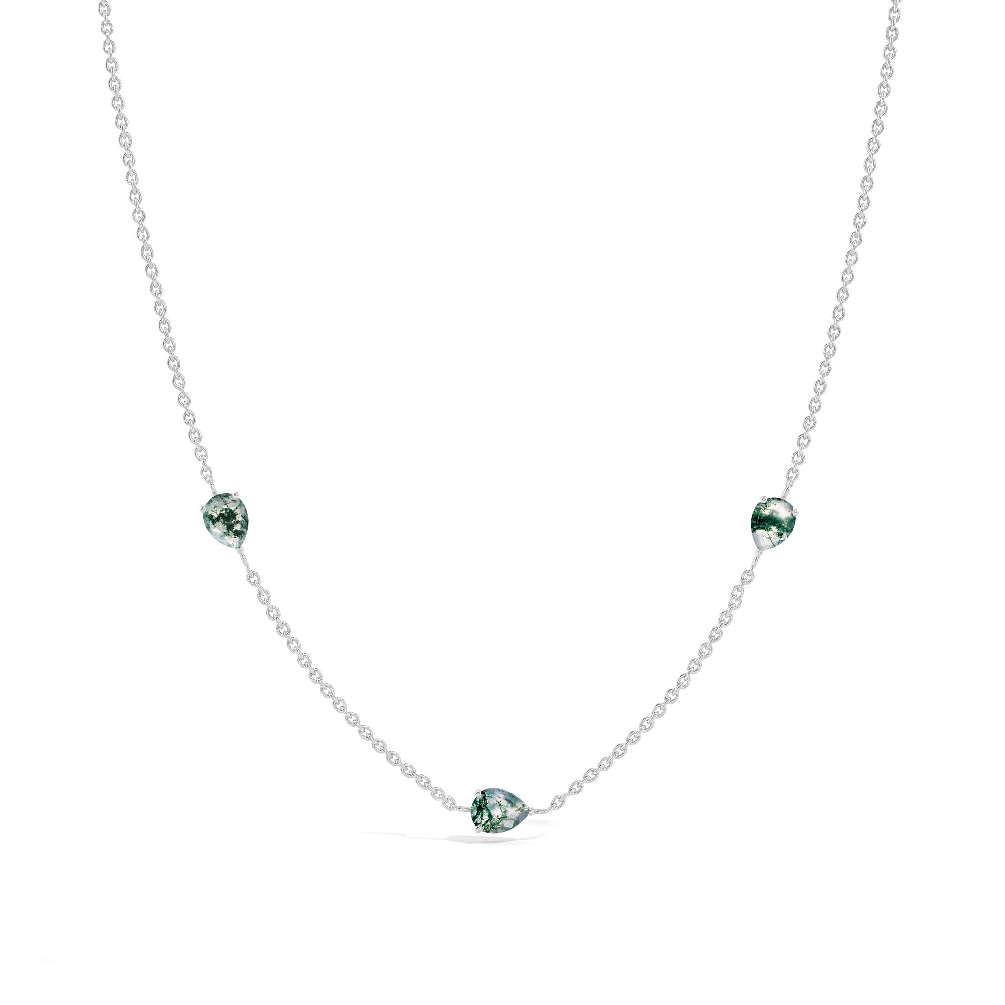 "Moss Agate three stone pear necklace in yellow gold filled sterling silver
