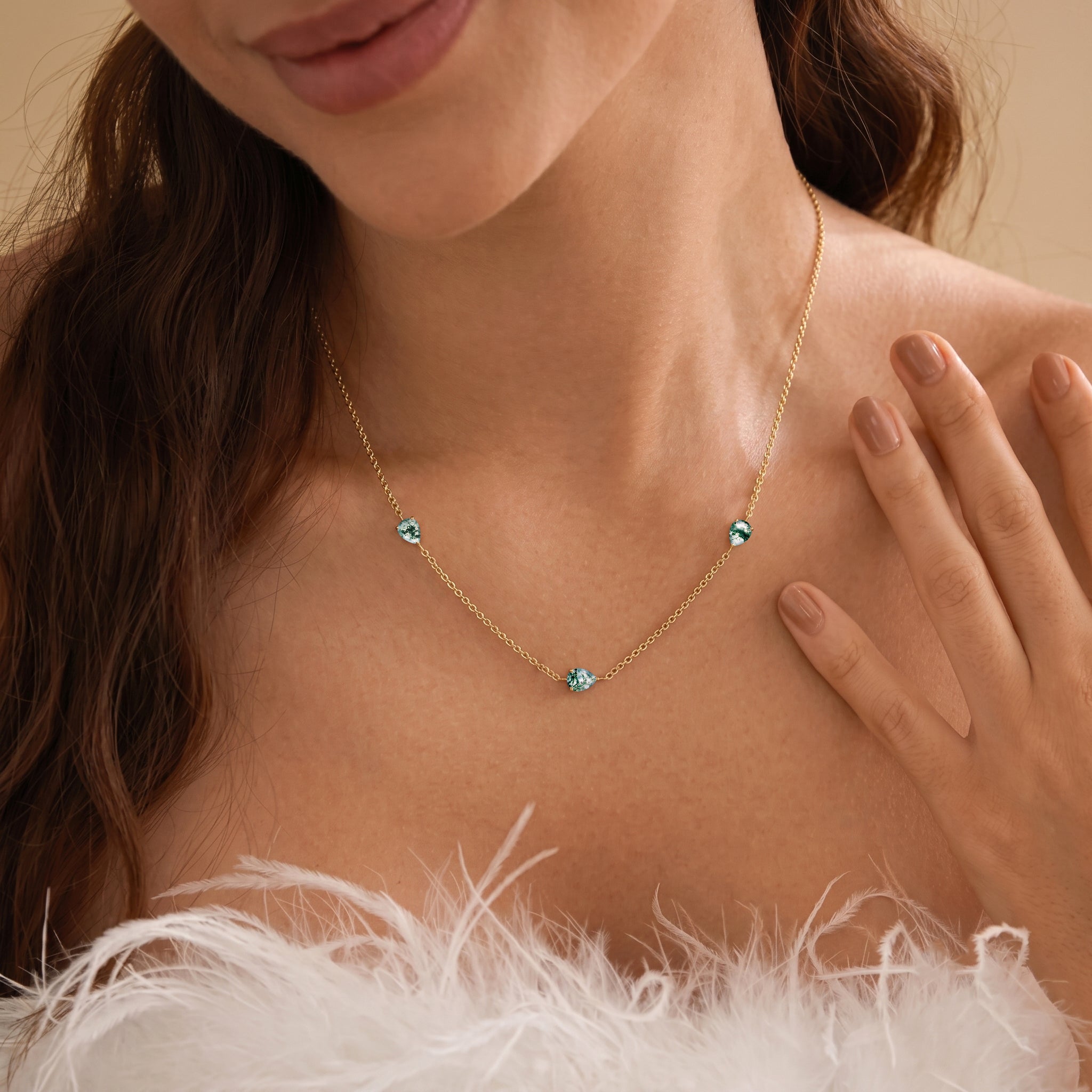 Luxury Moss Agate necklace with three stone design

