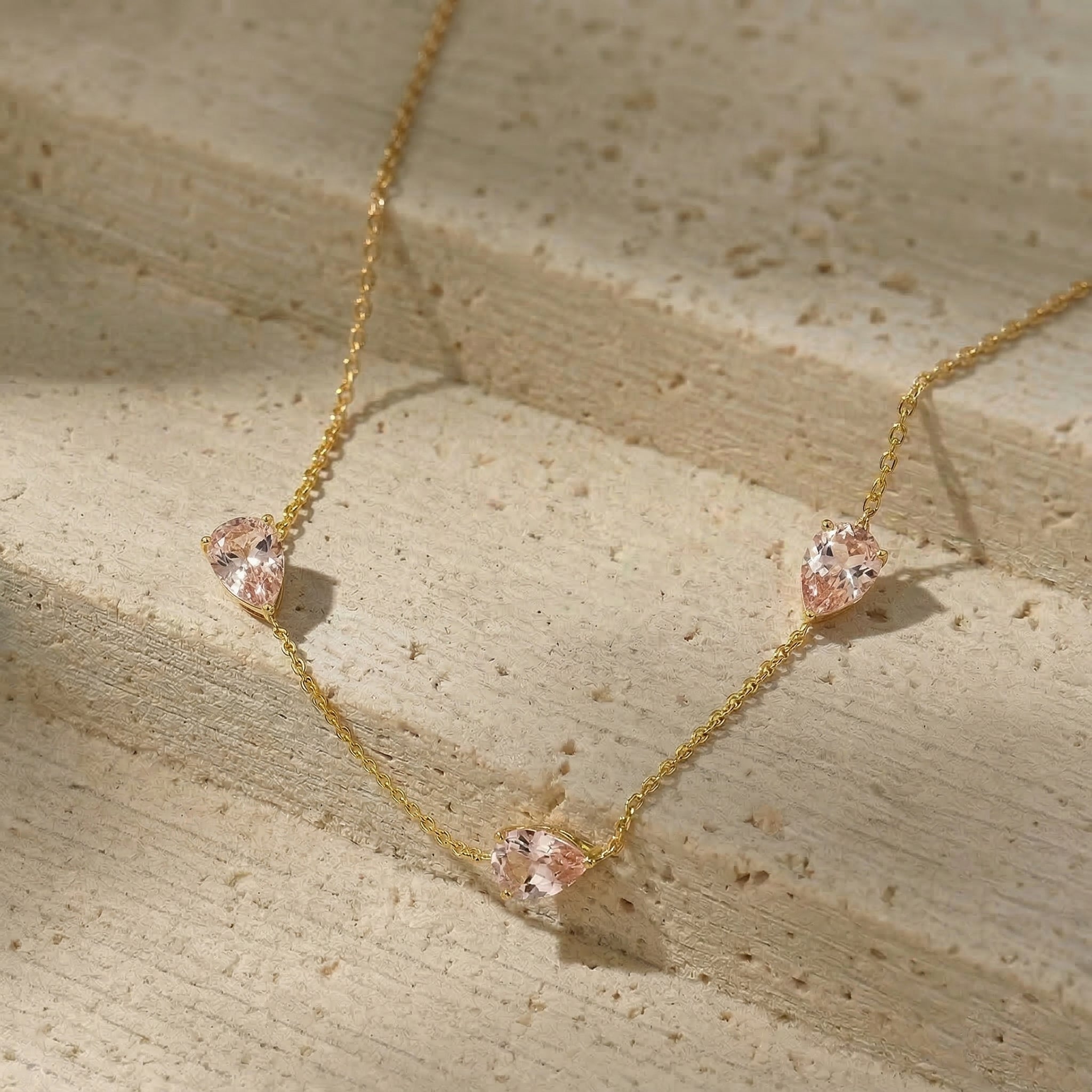Morganite gemstone necklace with yellow gold filled finish
