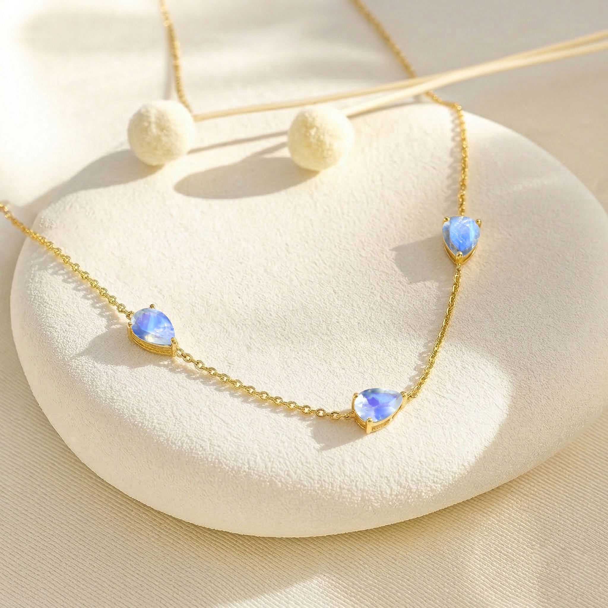 Yellow gold filled Moonstone necklace with three pear cut stones
