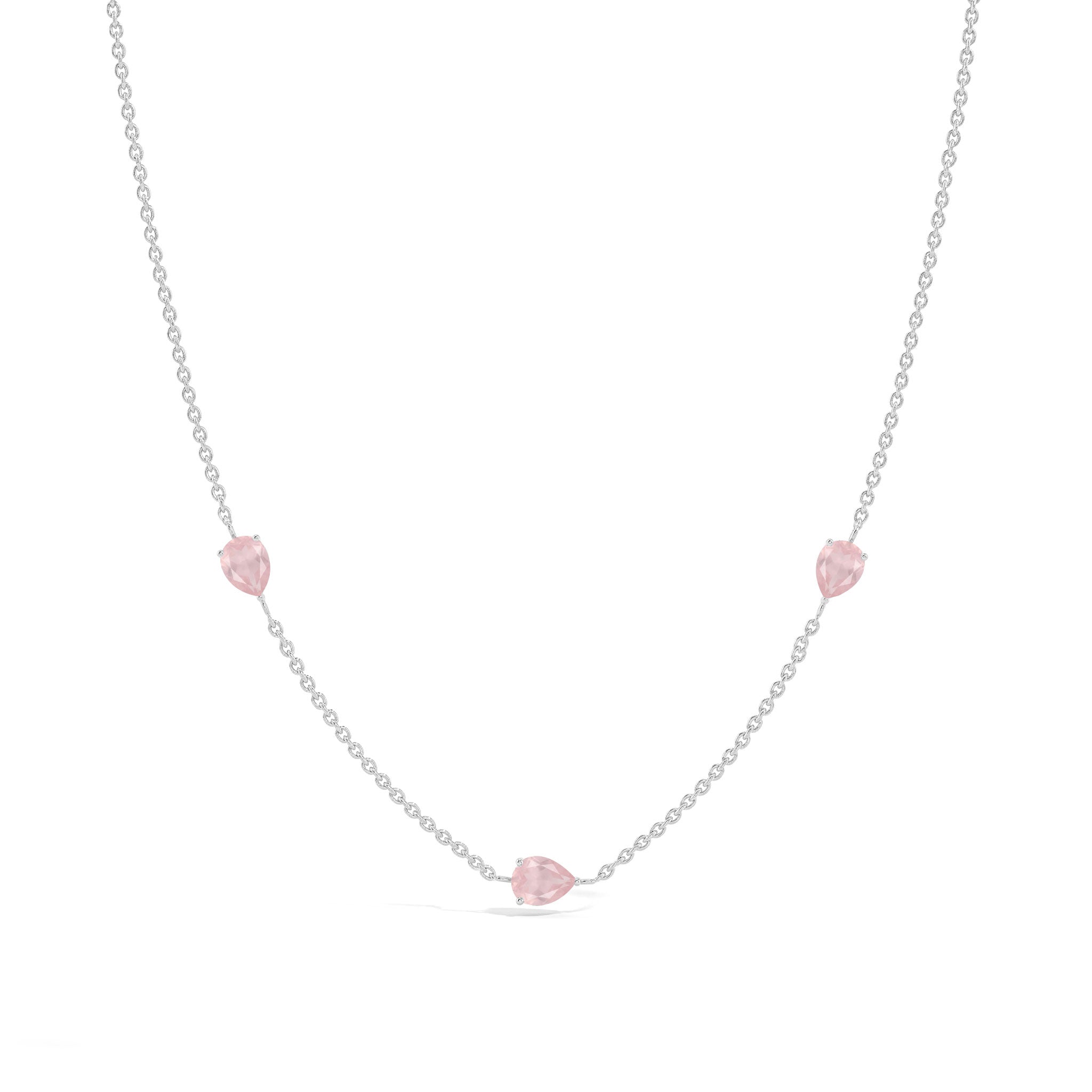 Rose Quartz station necklace with three pear-cut gemstones in 925 sterling silver and yellow gold filled finish.
