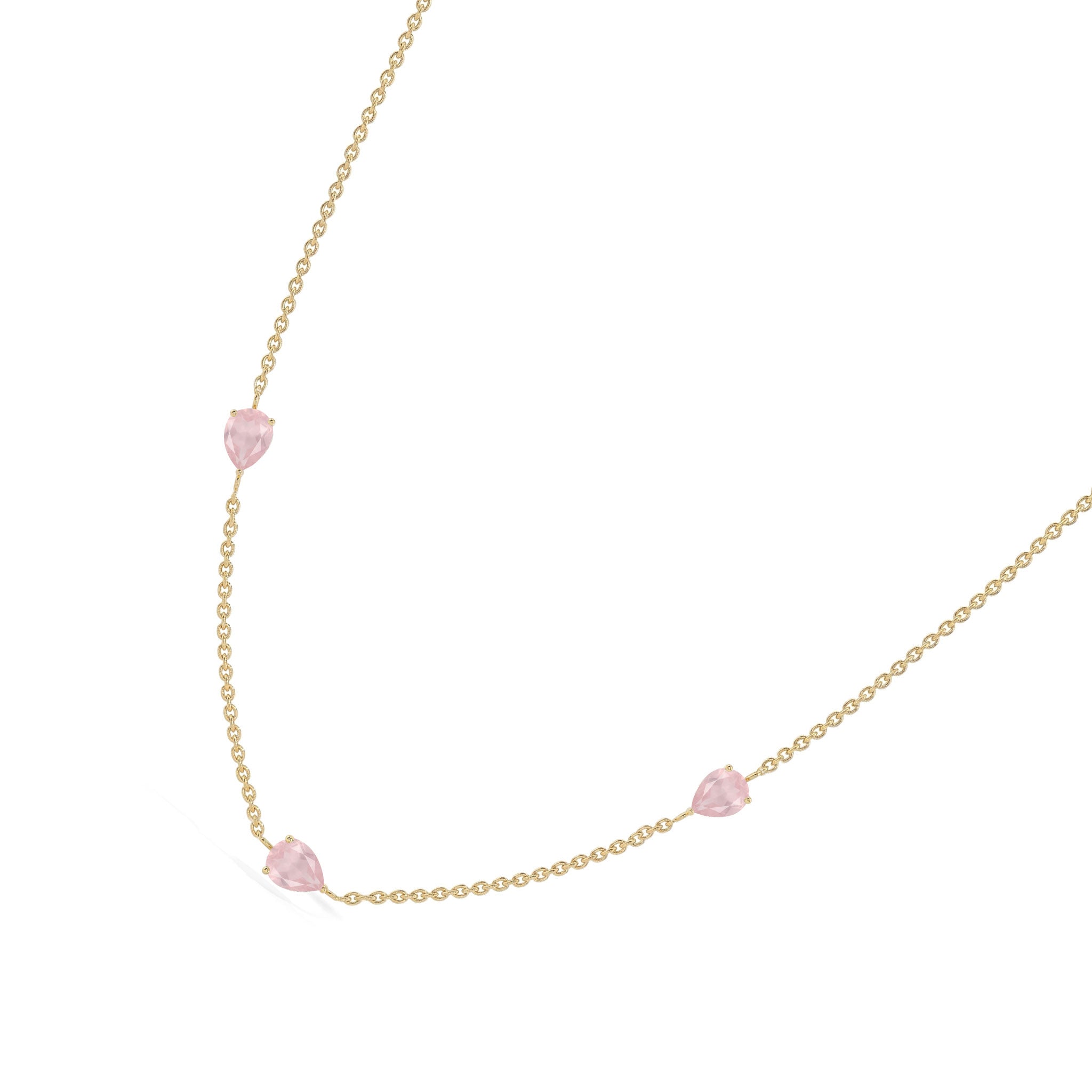 Three stone rose quartz necklace in sterling silver with yellow gold filled finish and extender.
