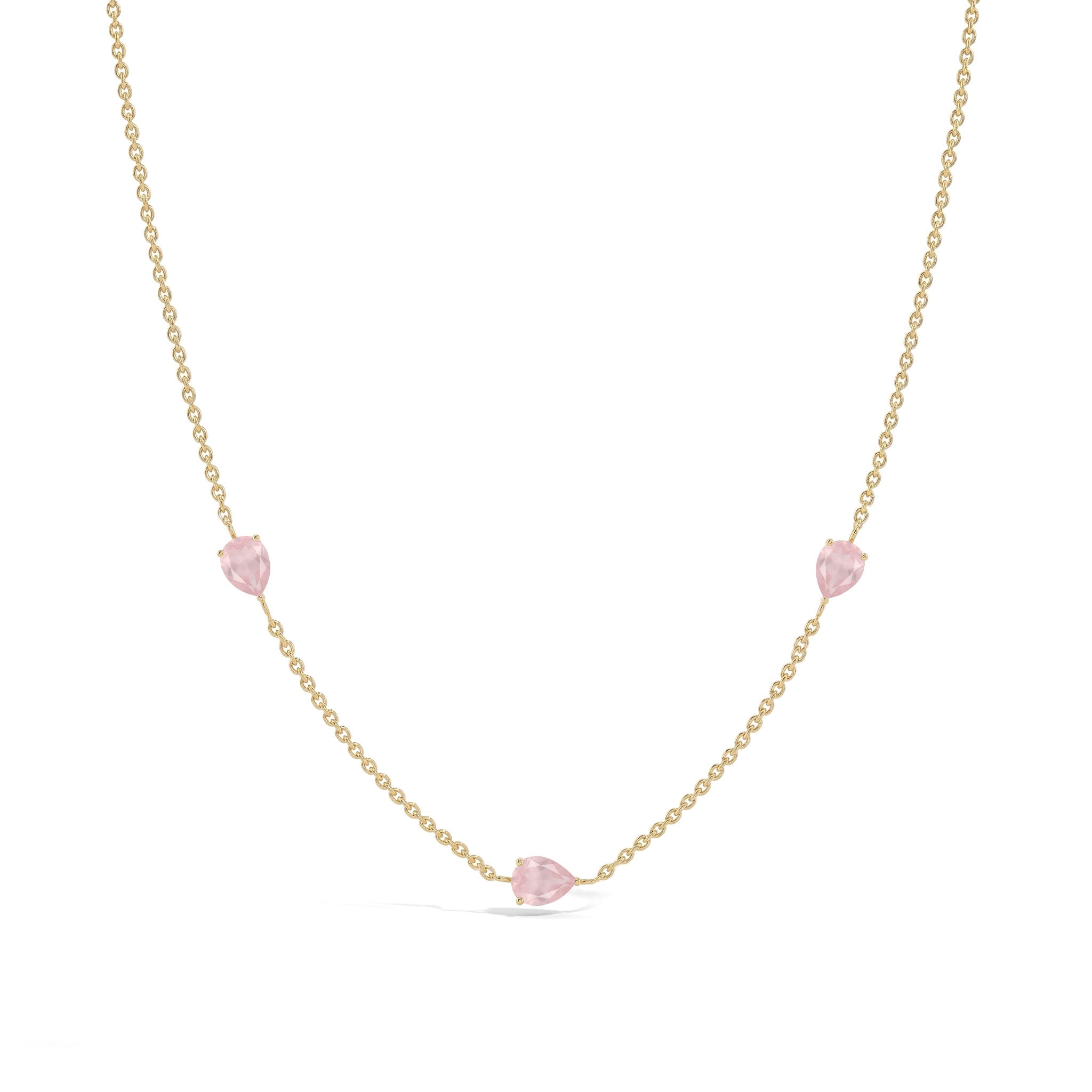 Dainty rose quartz necklace with pear-shaped gemstones, perfect as a romantic jewelry gift.
