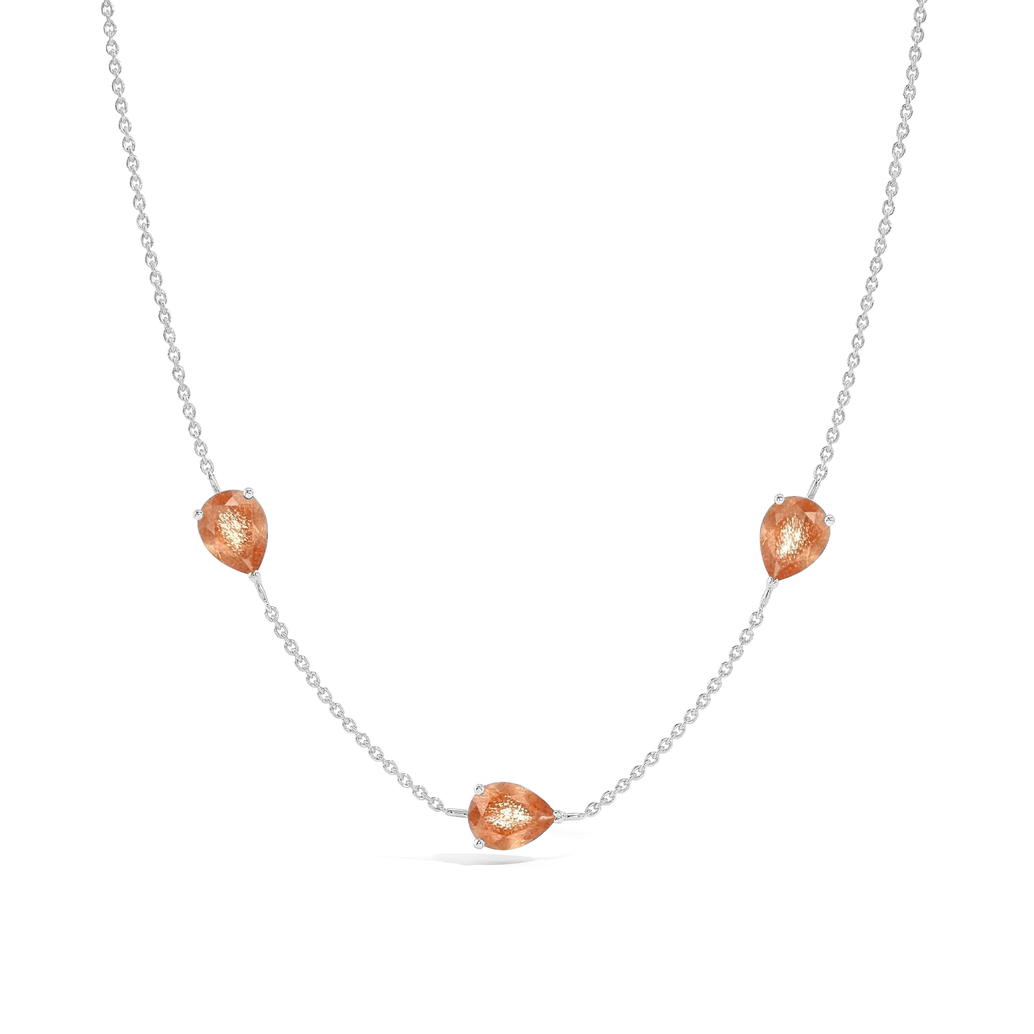 "legant natural Sunstone pear cut necklace featuring three gemstones in 925 sterling silver setting
