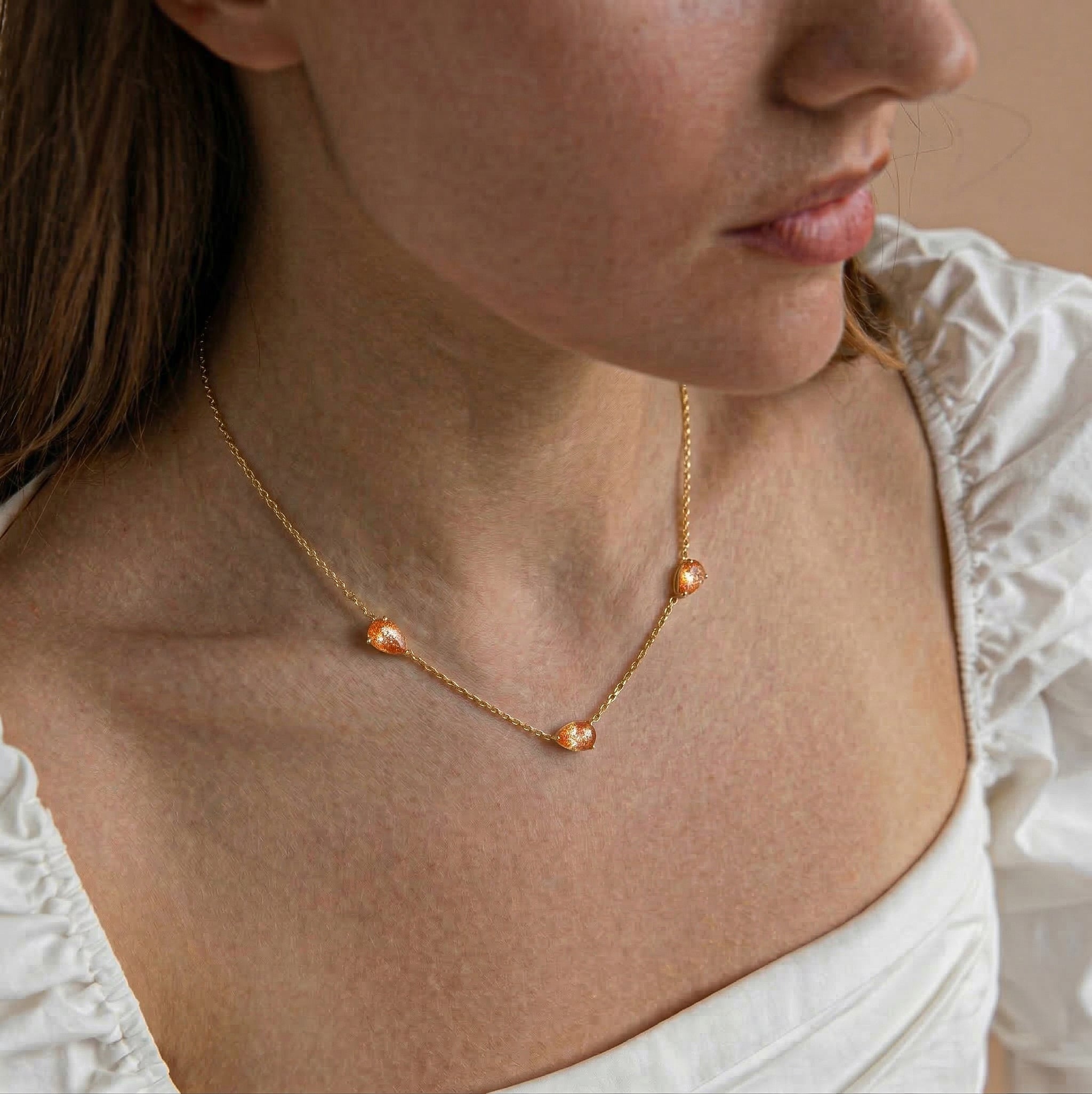 Three stone Sunstone gemstone necklace with 8x6 MM pear shaped stones for women’s fine jewelry
