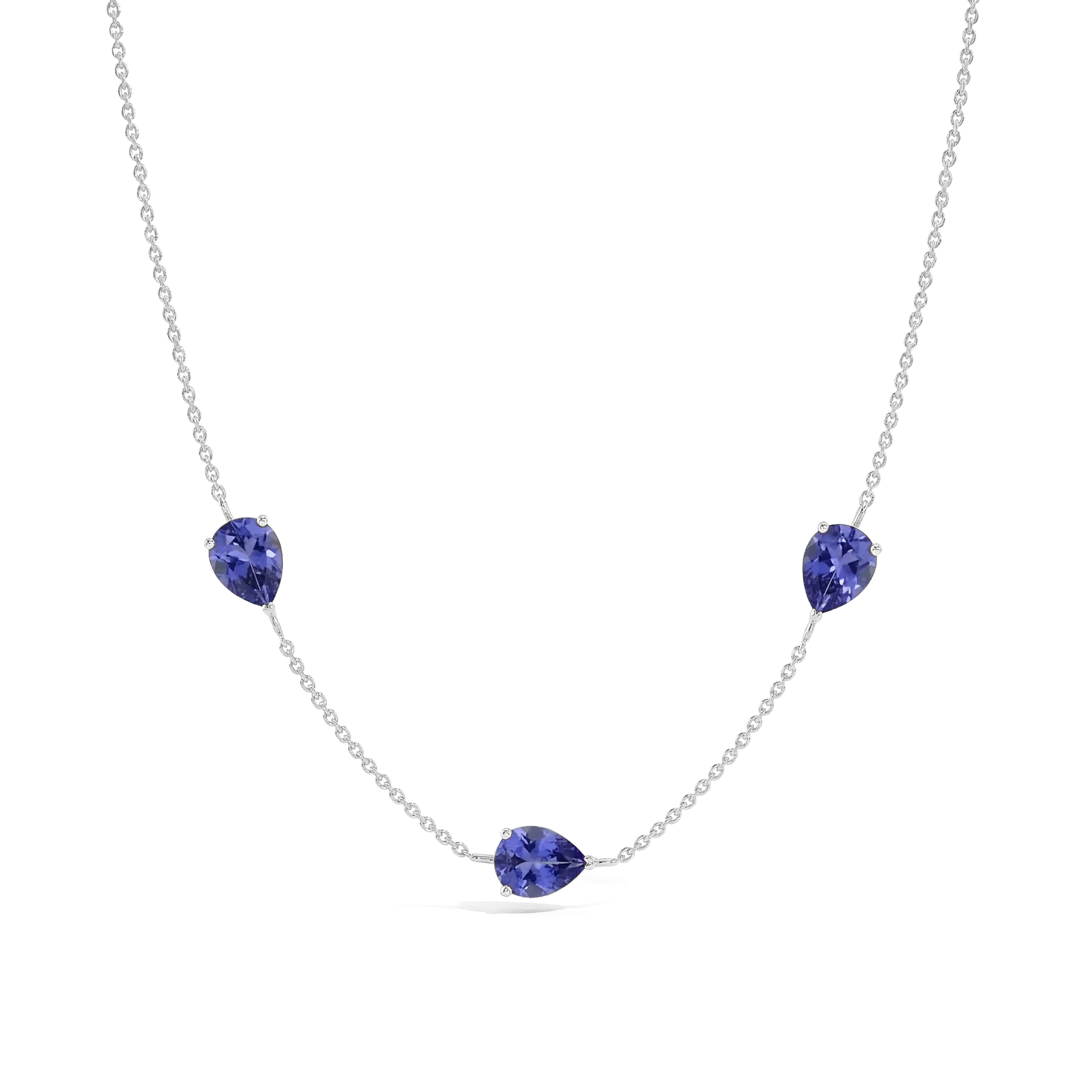 "Elegant Tanzanite pear cut birthstone necklace featuring three natural blue purple gemstones in 925 sterling silver
