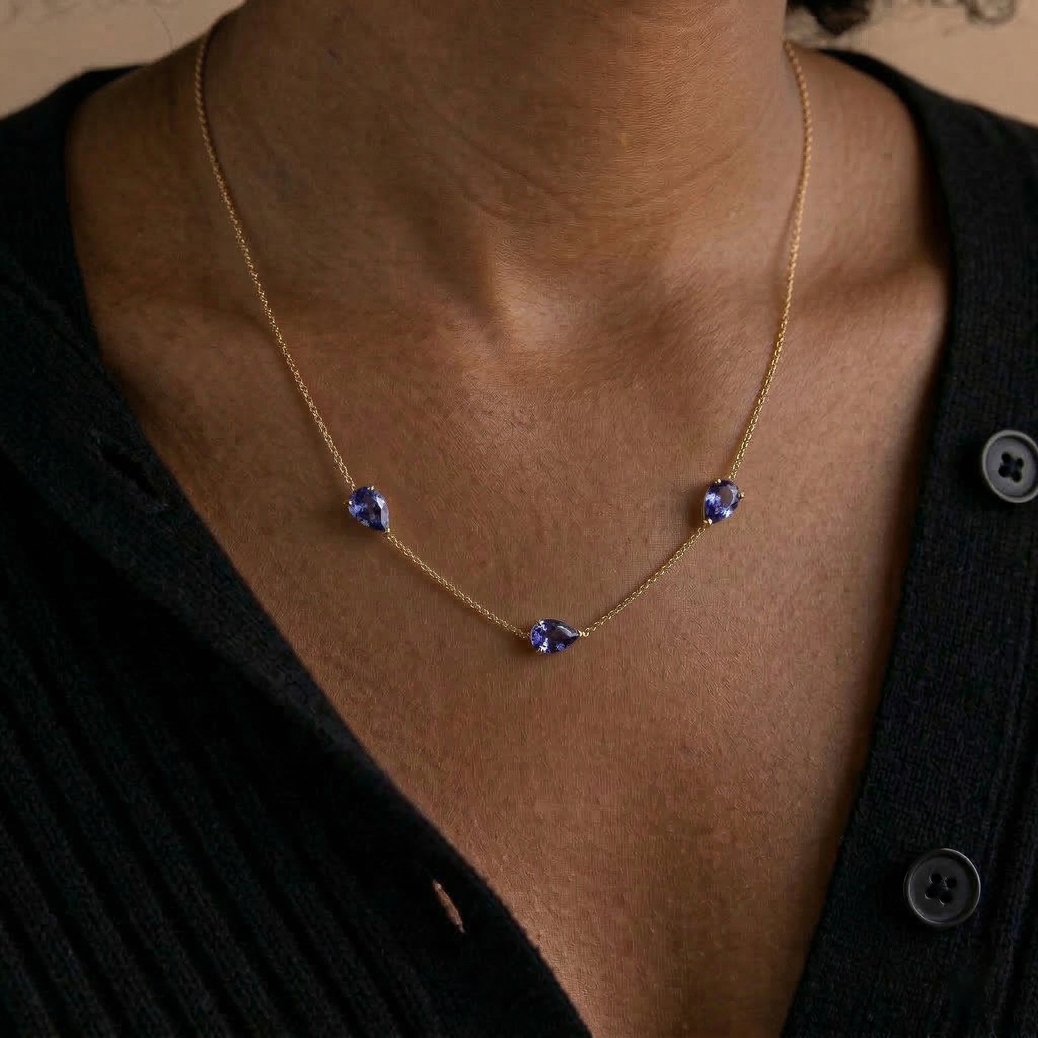 Three stone Tanzanite gemstone necklace with 8x6 MM pear shaped stones for women’s fine jewelry collection
