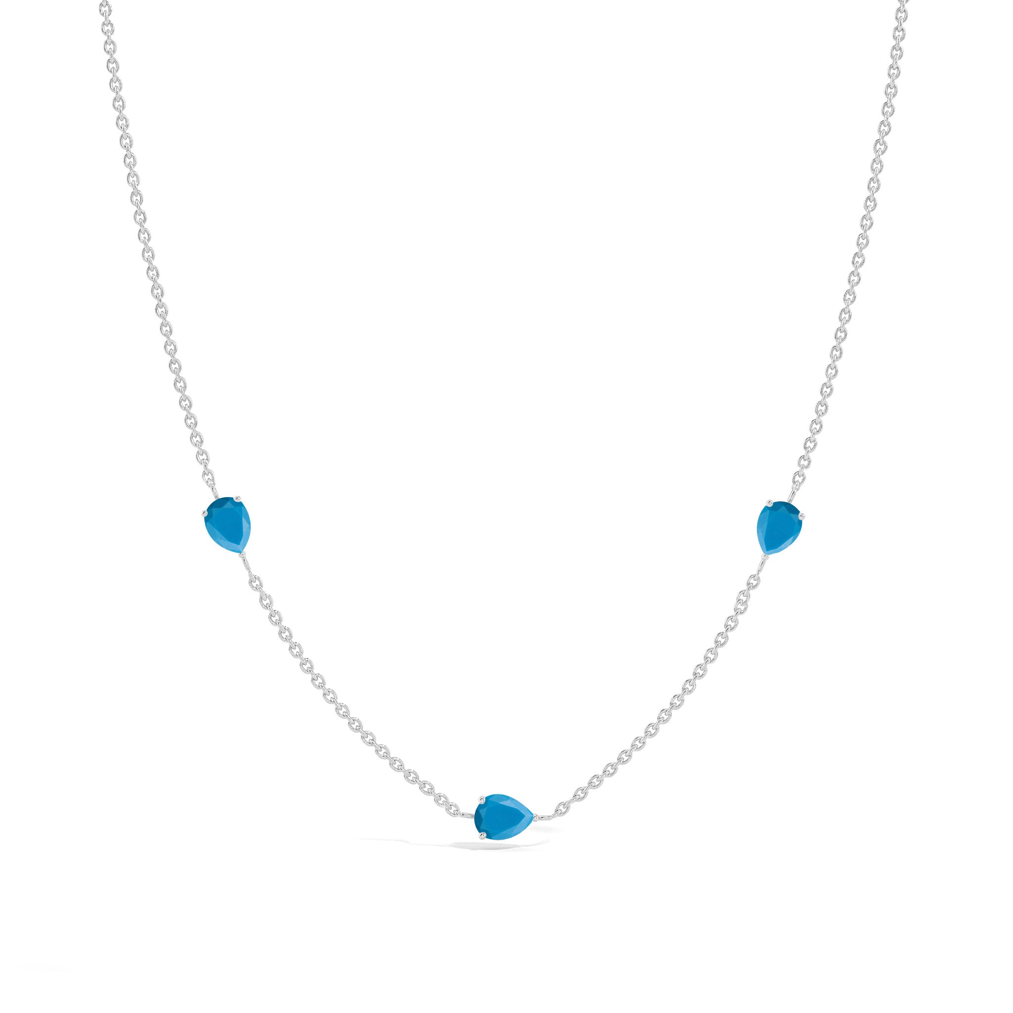 "Elegant turquoise pear cut birthstone necklace featuring three natural blue-green gemstones in 925 sterling silver
