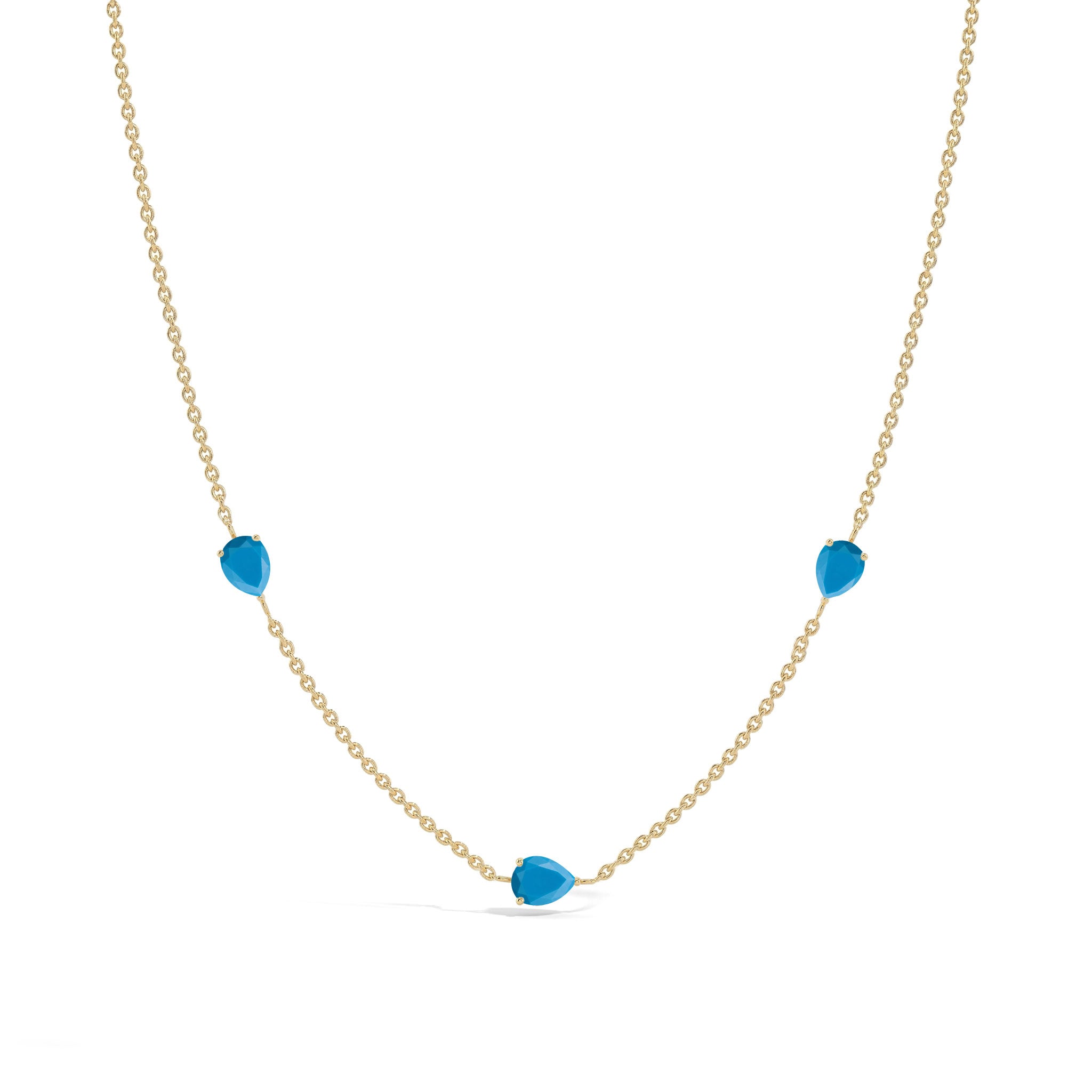 16 inch turquoise necklace with 2 inch extender featuring elegant pear cut gemstone details
