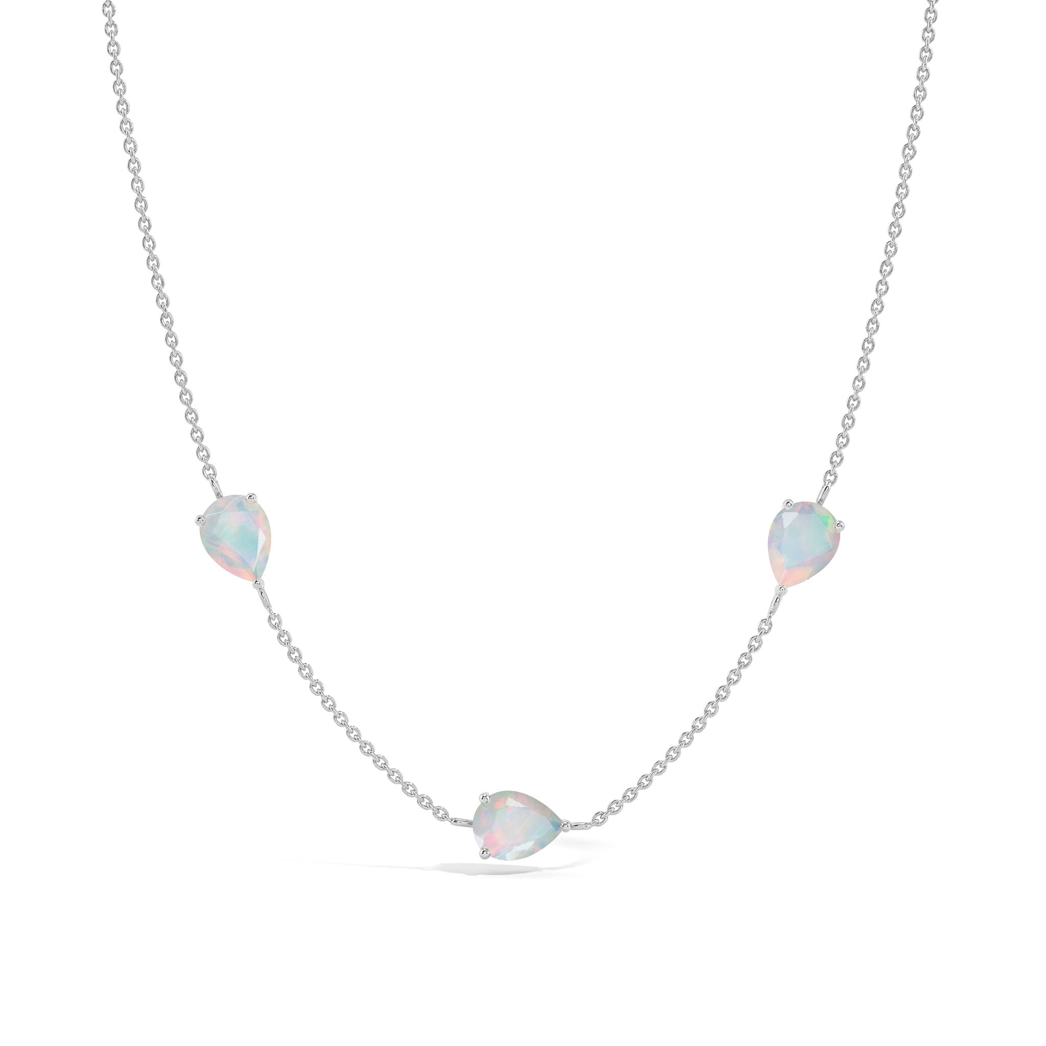 "Elegant white opal pear cut birthstone necklace featuring three natural gemstones in 925 sterling silver
