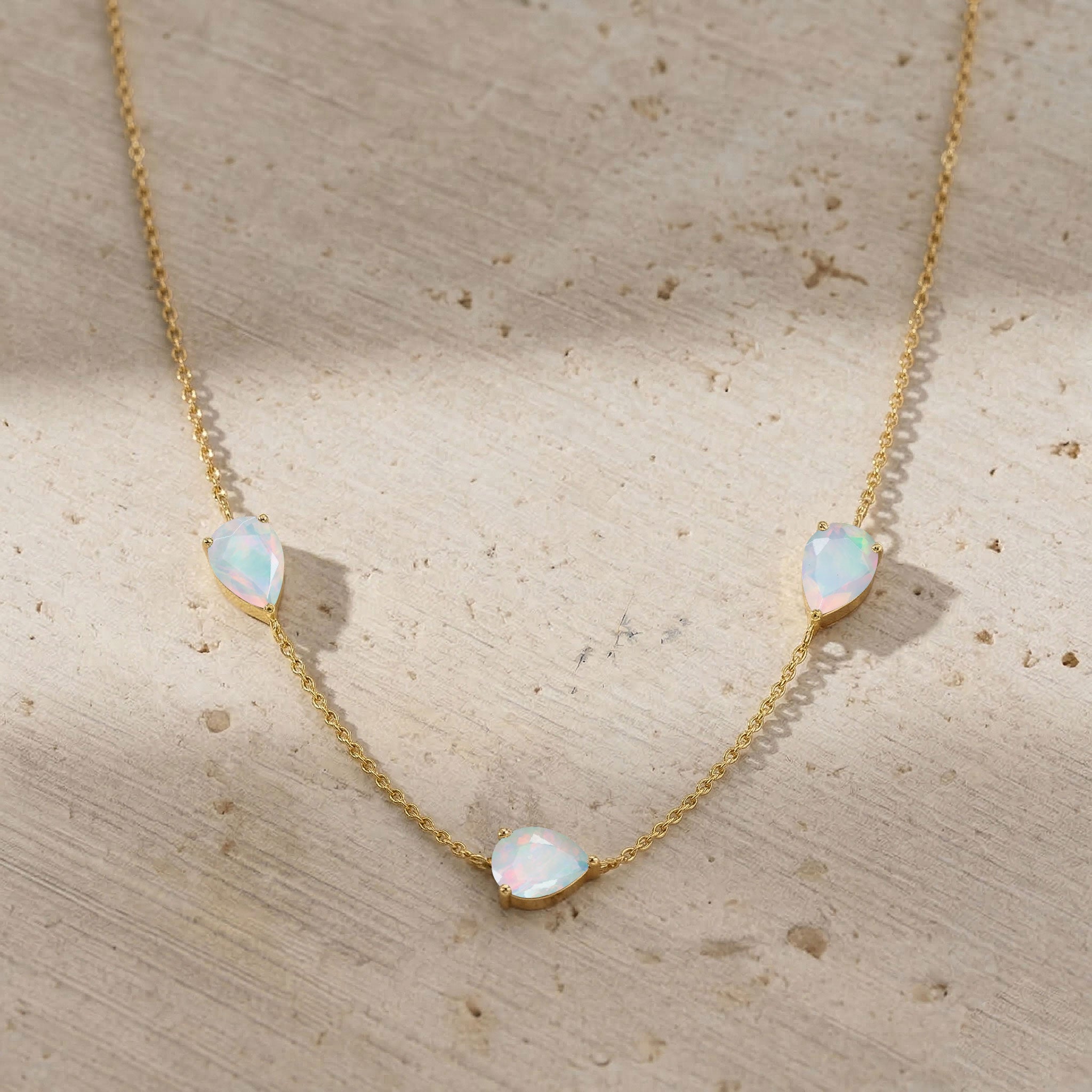 Dainty white opal gemstone necklace crafted with 925 sterling silver and yellow gold filled option
