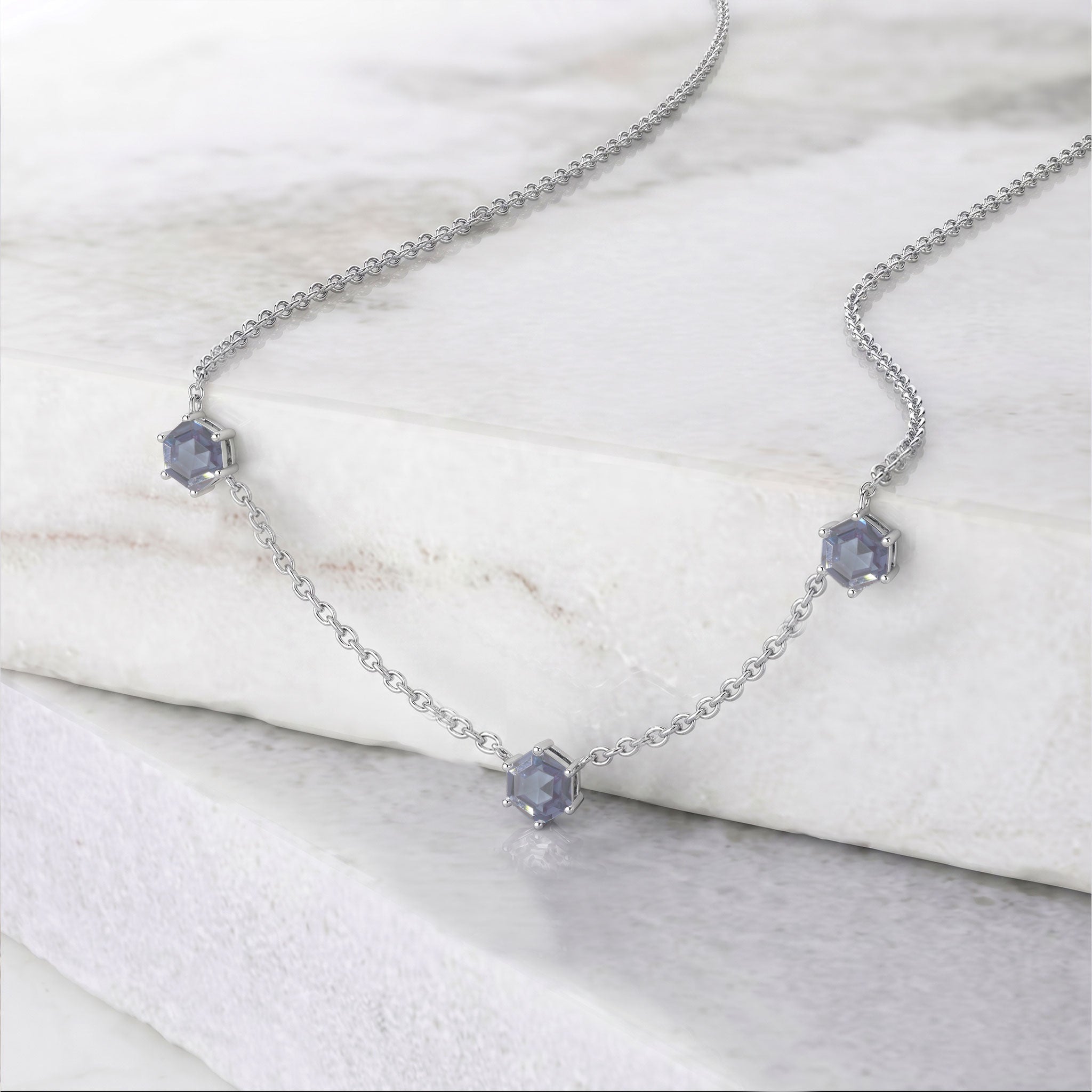 Genuine Alexandrite station necklace in sterling silver.
