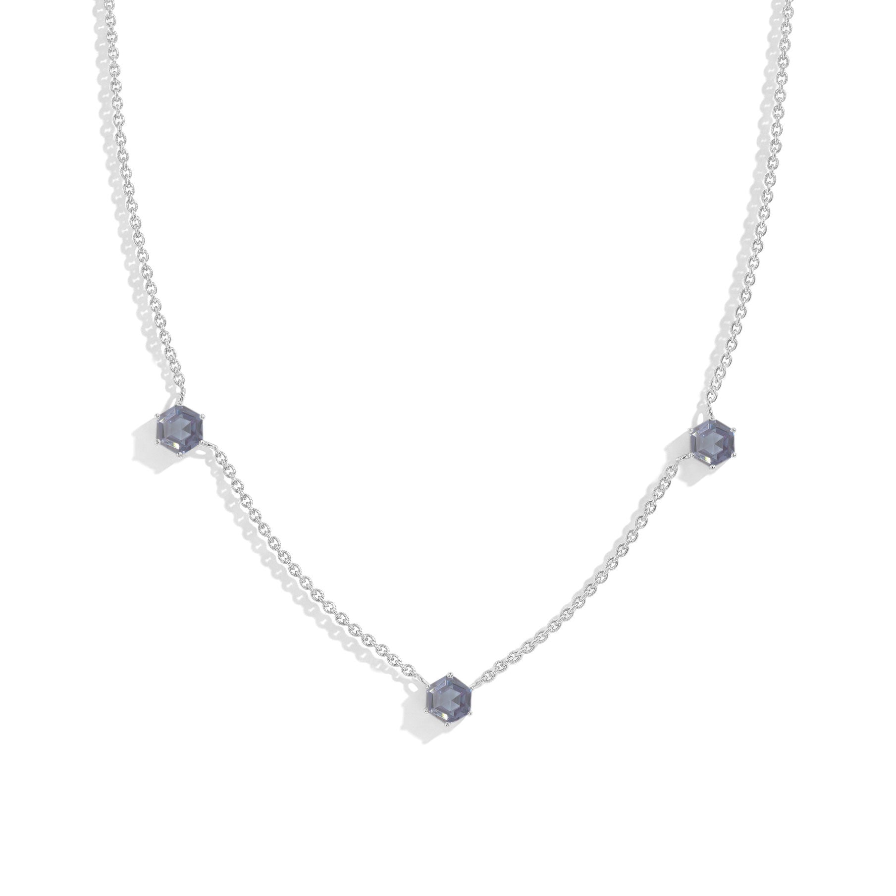 "Dainty Alexandrite hexagon station necklace in 925 sterling silver.
