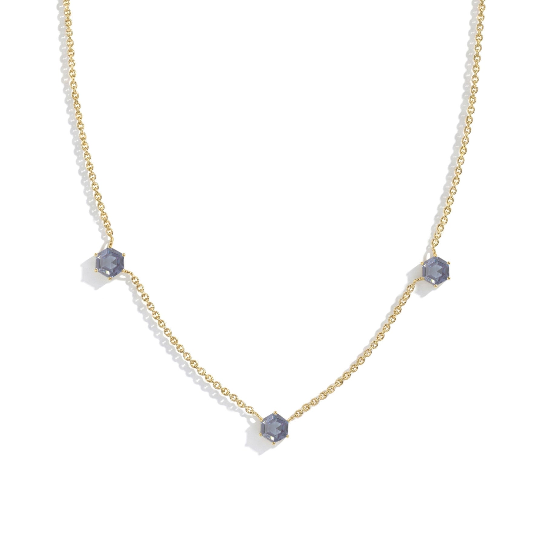Three stone Alexandrite necklace with adjustable chain.

