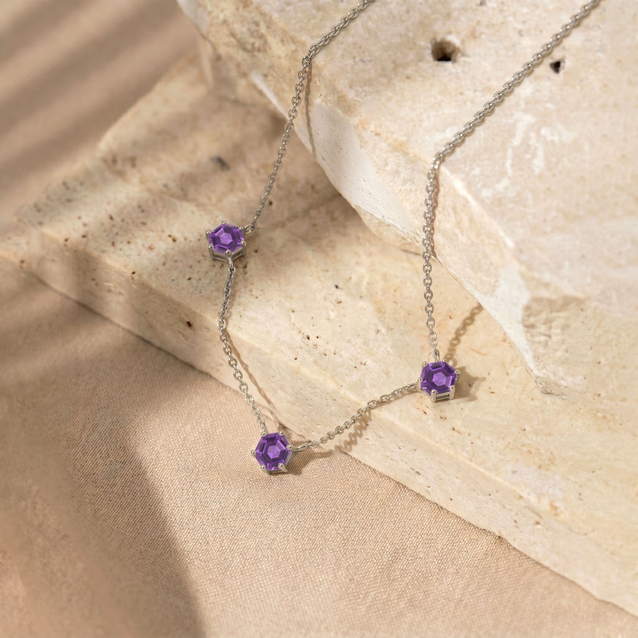 Minimalist Amethyst necklace in sterling silver for everyday wear.
