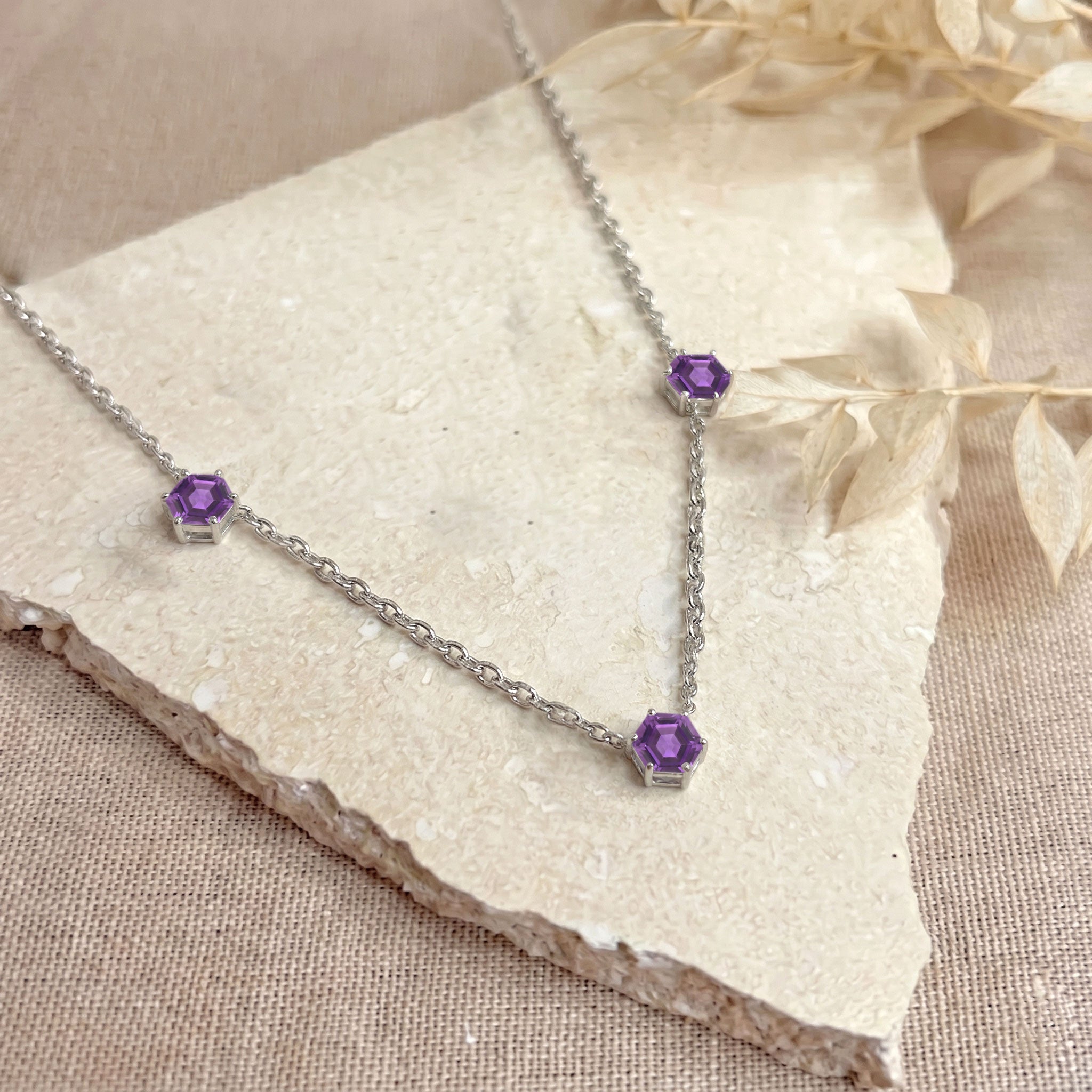 Genuine Amethyst hexagon necklace in 925 sterling silver.
