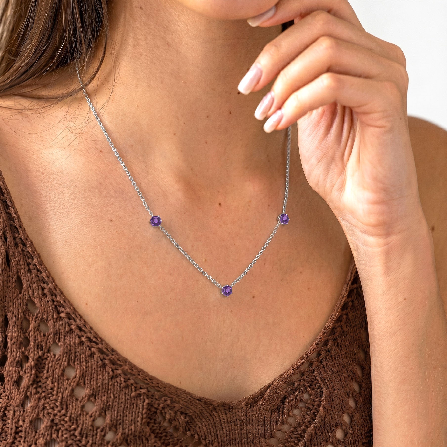 Delicate February birthstone necklace with Amethyst gemstones.
