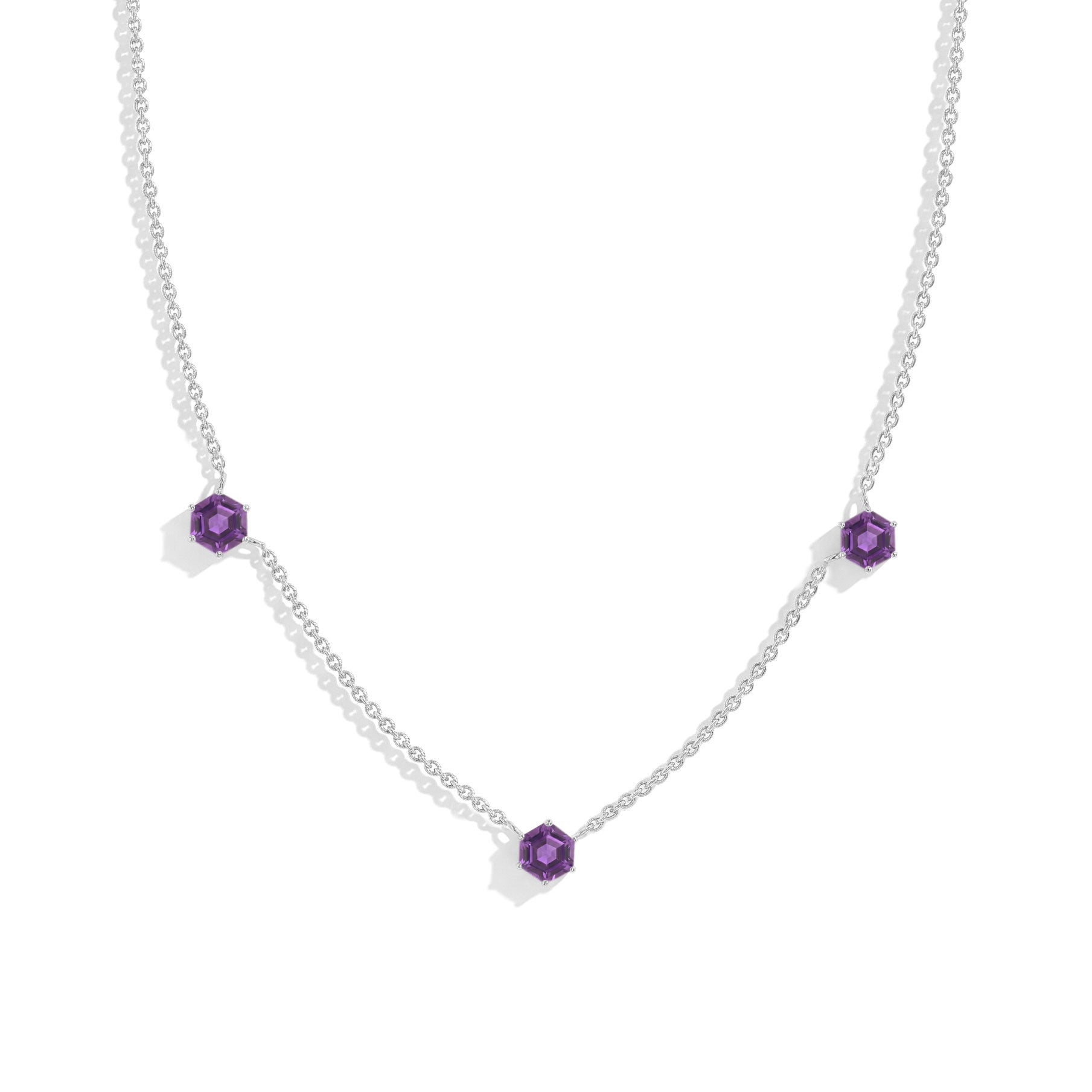 "Dainty Amethyst station necklace in 925 sterling silver with three hexagon gemstones.
