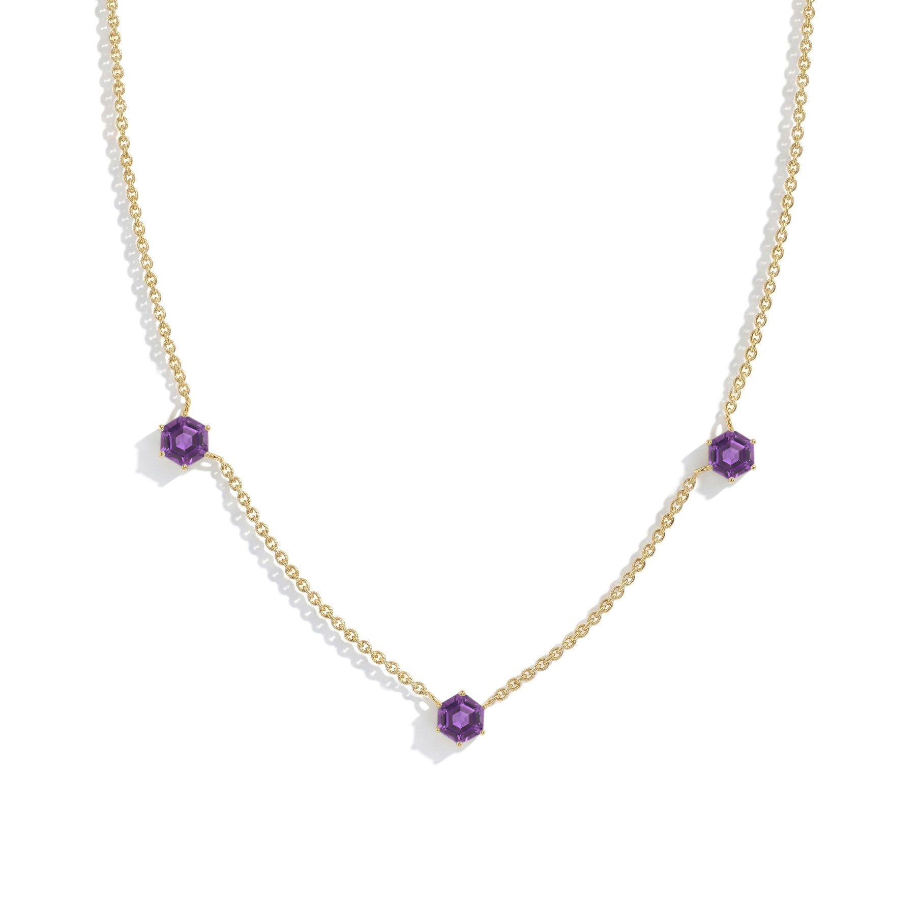 Modern hexagon Amethyst station necklace for women.
