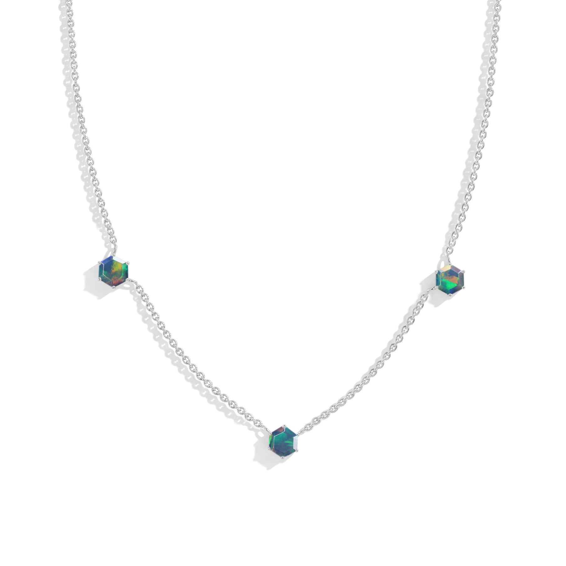 "Three stone black opal station necklace featuring hexagon cut gemstones in 925 sterling silver for women
