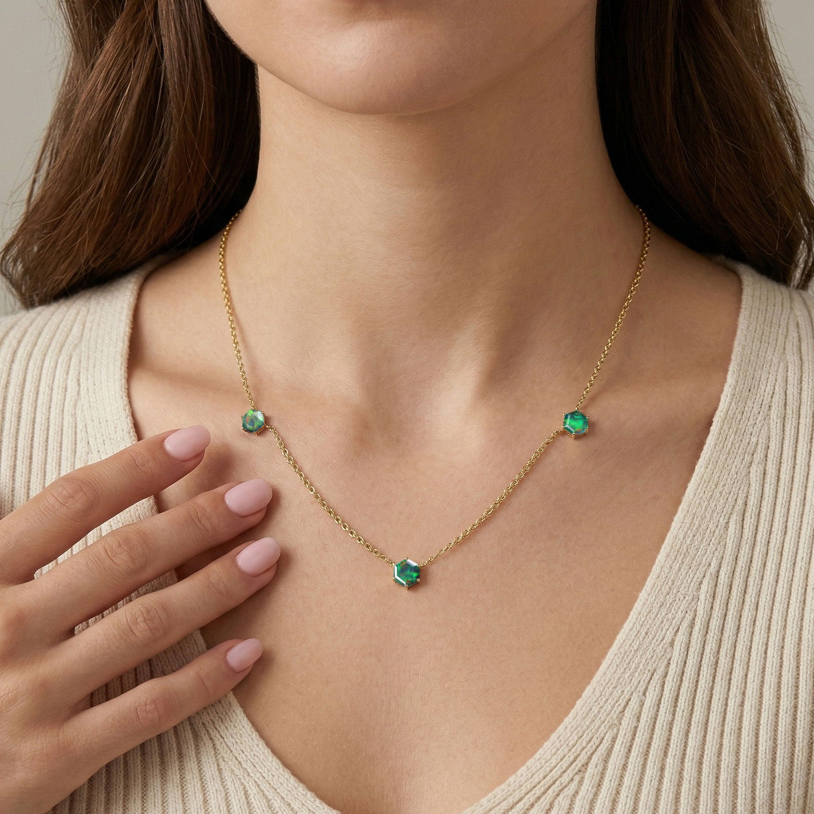 Handmade black opal station necklace with October birthstone gemstone for birthdays, anniversaries, and gifts

