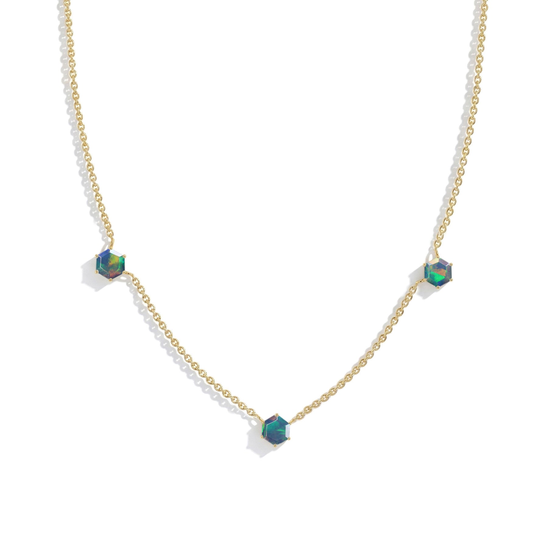 October birthstone Black Opal necklace crafted in 925 sterling silver with three hexagon-cut gemstone stations.
