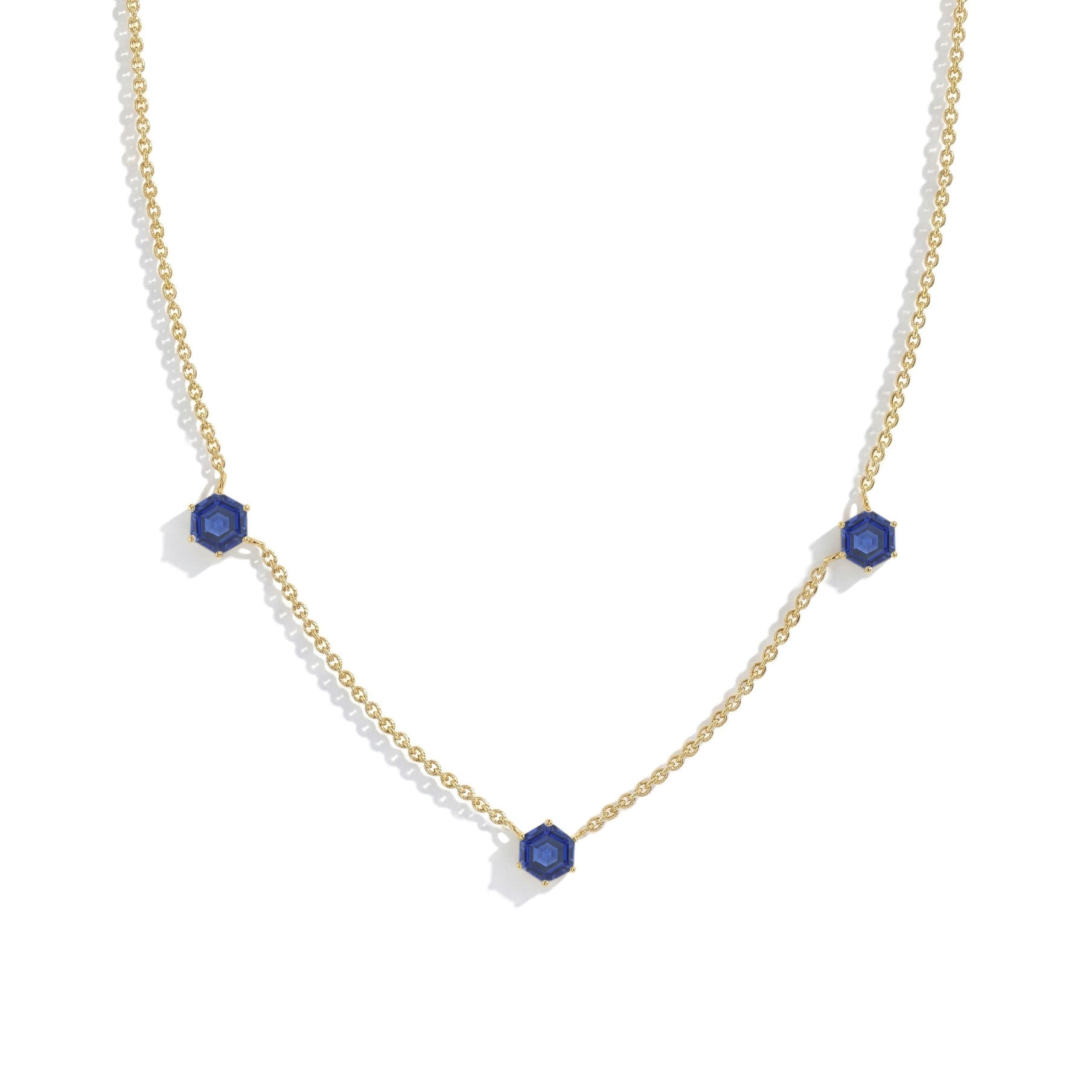 Blue sapphire necklace for women with yellow gold filled and silver finish options
