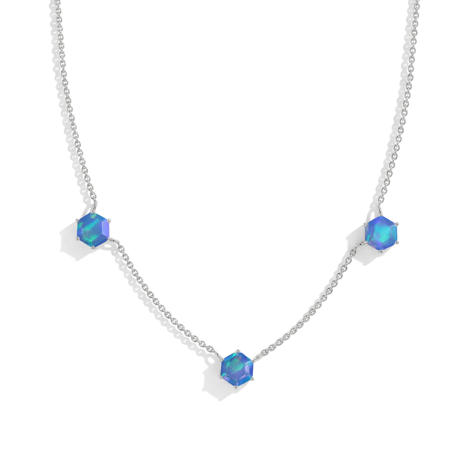 "Three stone blue opal station necklace featuring hexagon cut gemstones in 925 sterling silver
