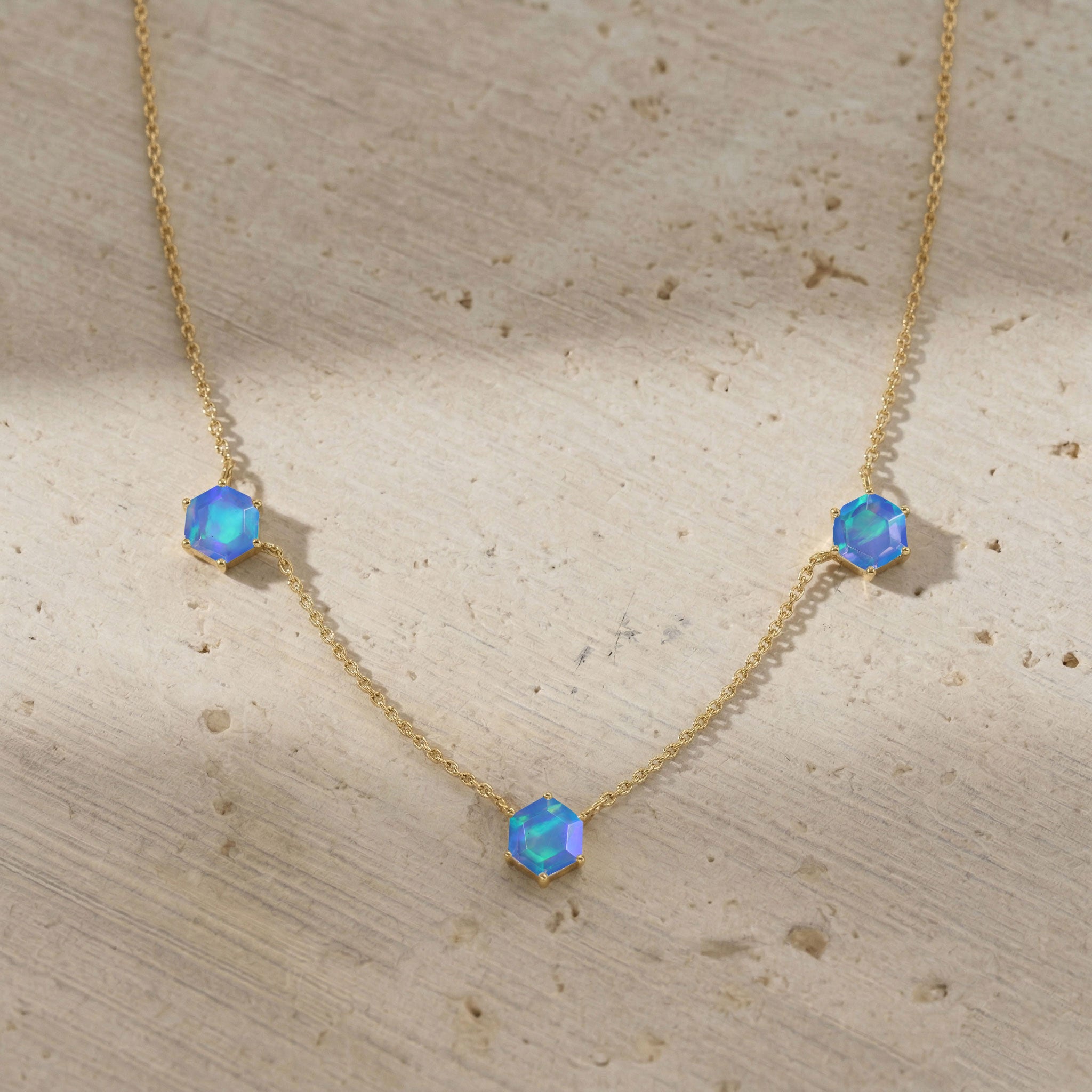 Natural Blue Opal Three Stone Station Necklace in Gold Filled & Sterling Silver