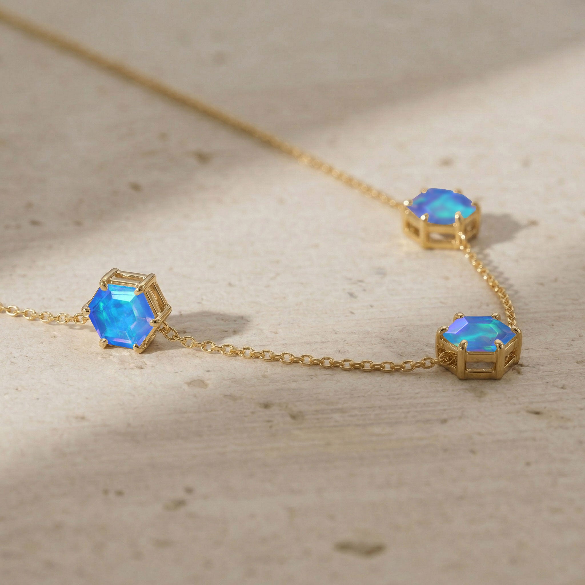 Minimalist blue opal three stone necklace with adjustable sterling silver chain
