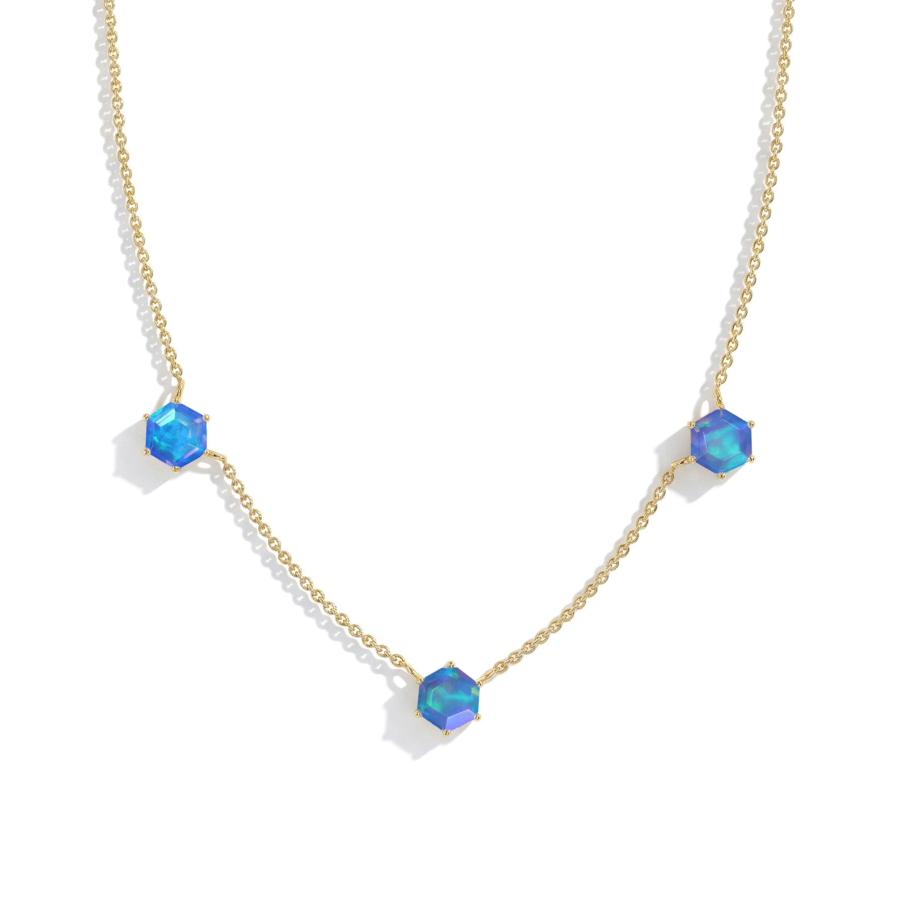 Hexagon cut blue opal gemstone necklace in 925 silver for everyday jewelry wear
