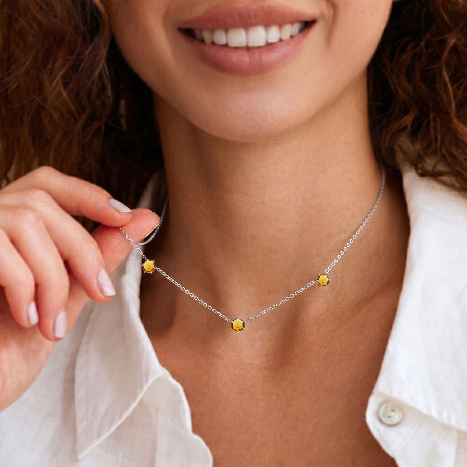 Elegant citrine three stone necklace with November birthstone jewelry design for women
