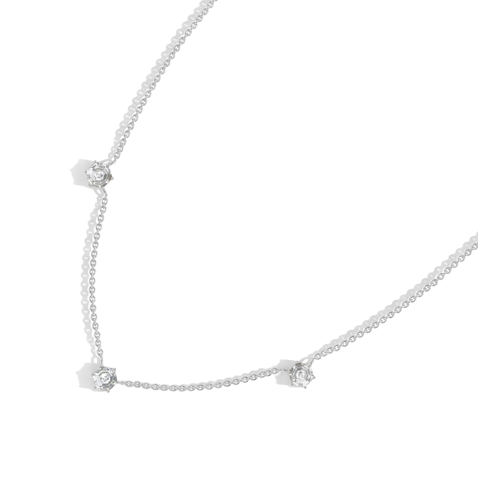 3 CRT Moissanite Three Stone Necklace with brilliant gemstone stations, perfect for weddings, anniversaries, and everyday elegance
