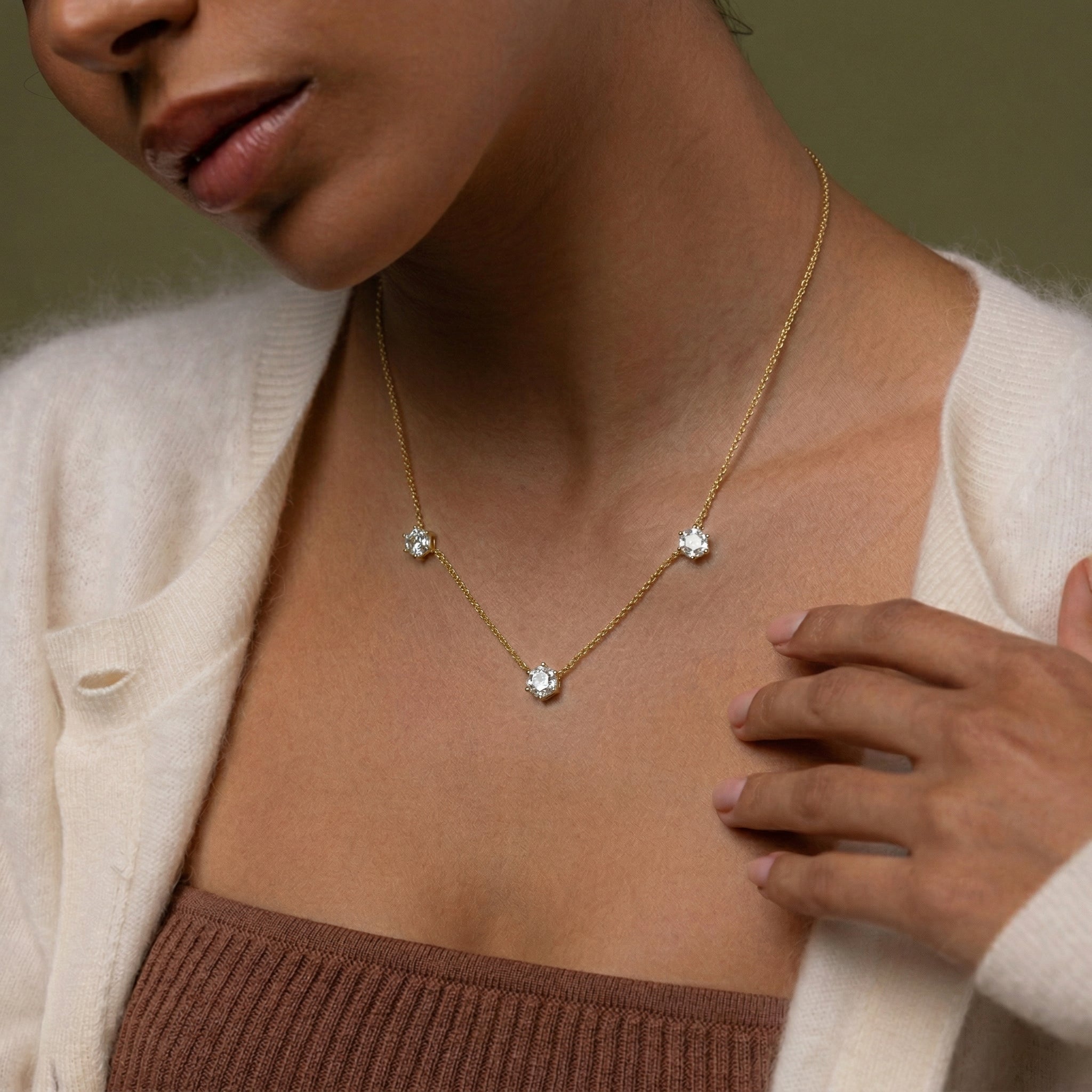 Premium sterling silver moissanite necklace with geometric gemstone arrangement
