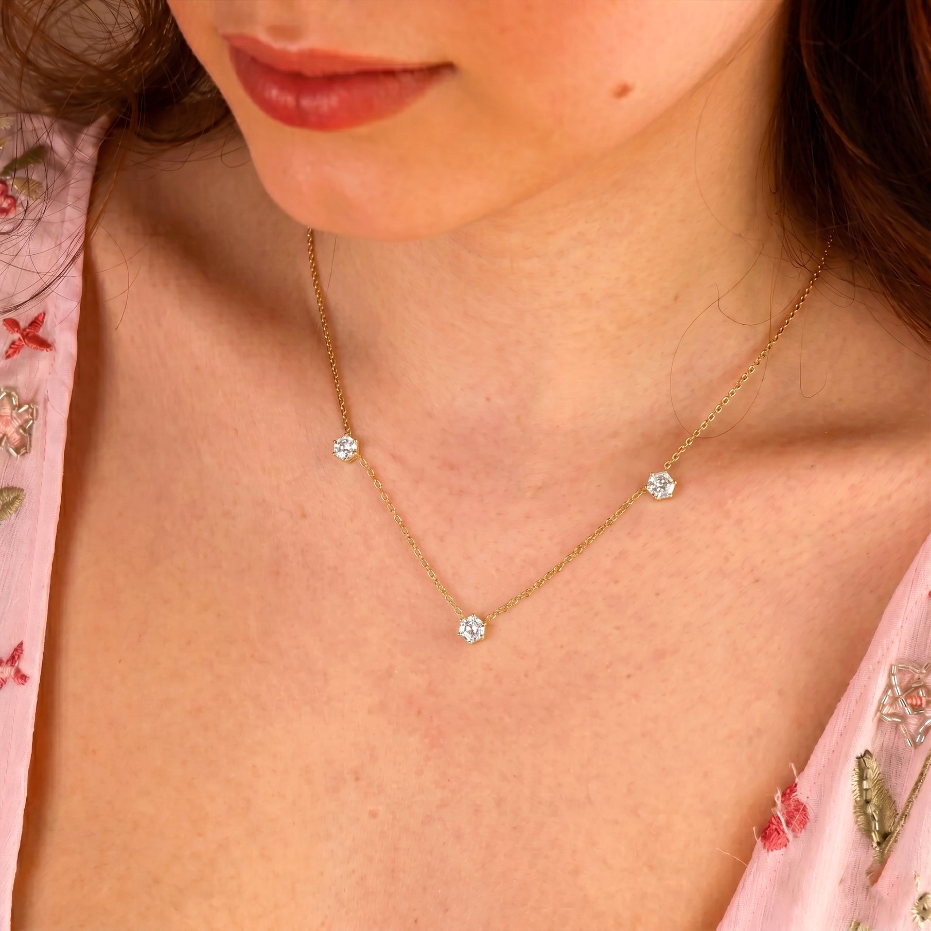 Moissanite Three Stone Station Necklace featuring three 6mm hexagon cut stones in 925 sterling silver with yellow gold filled finish

