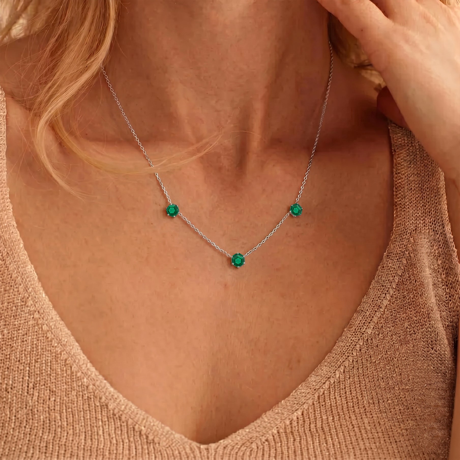 Premium May birthstone emerald necklace with elegant hexagon gemstone arrangement
