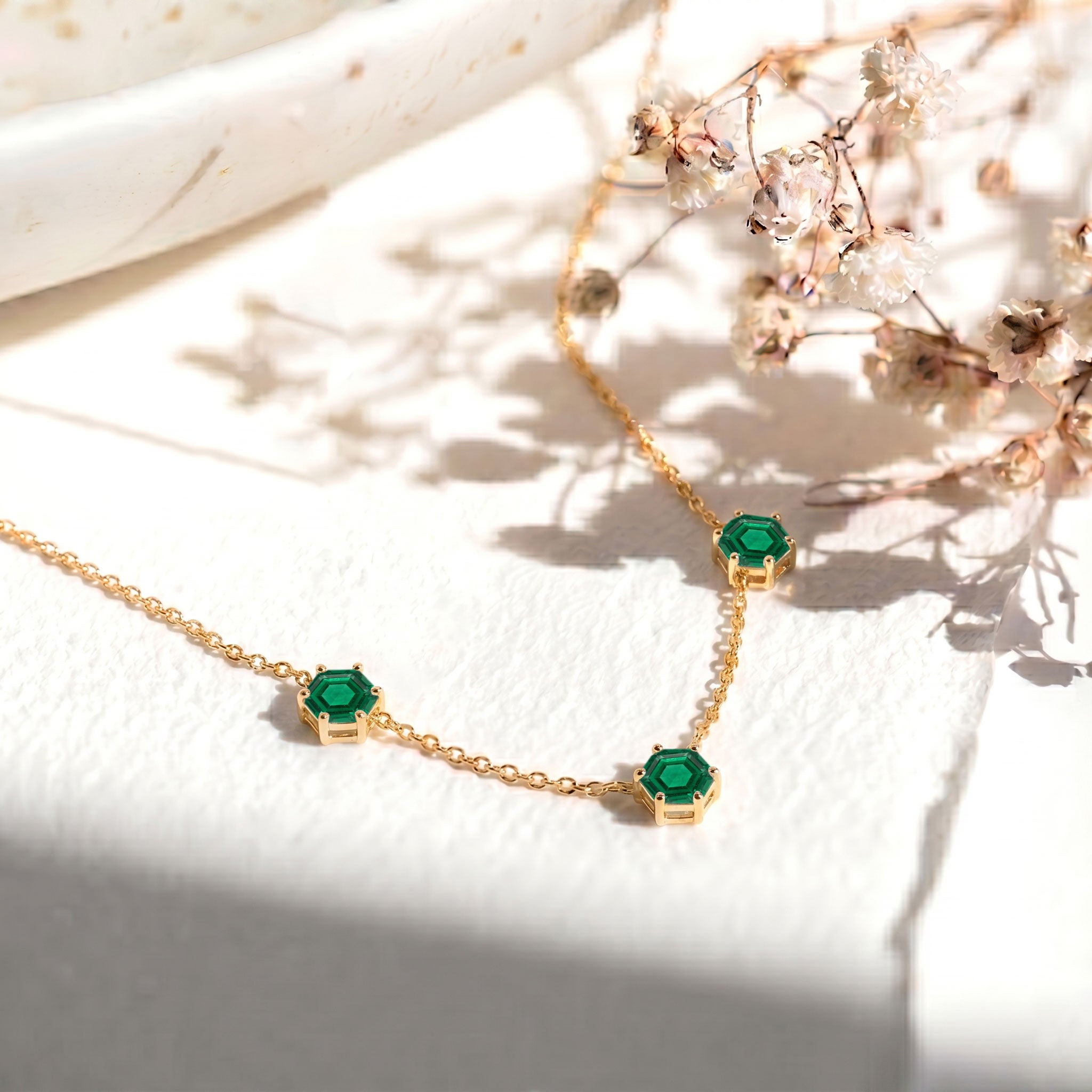 Emerald Hexagon Station Necklace in 925 Sterling Silver & Yellow Gold Filled