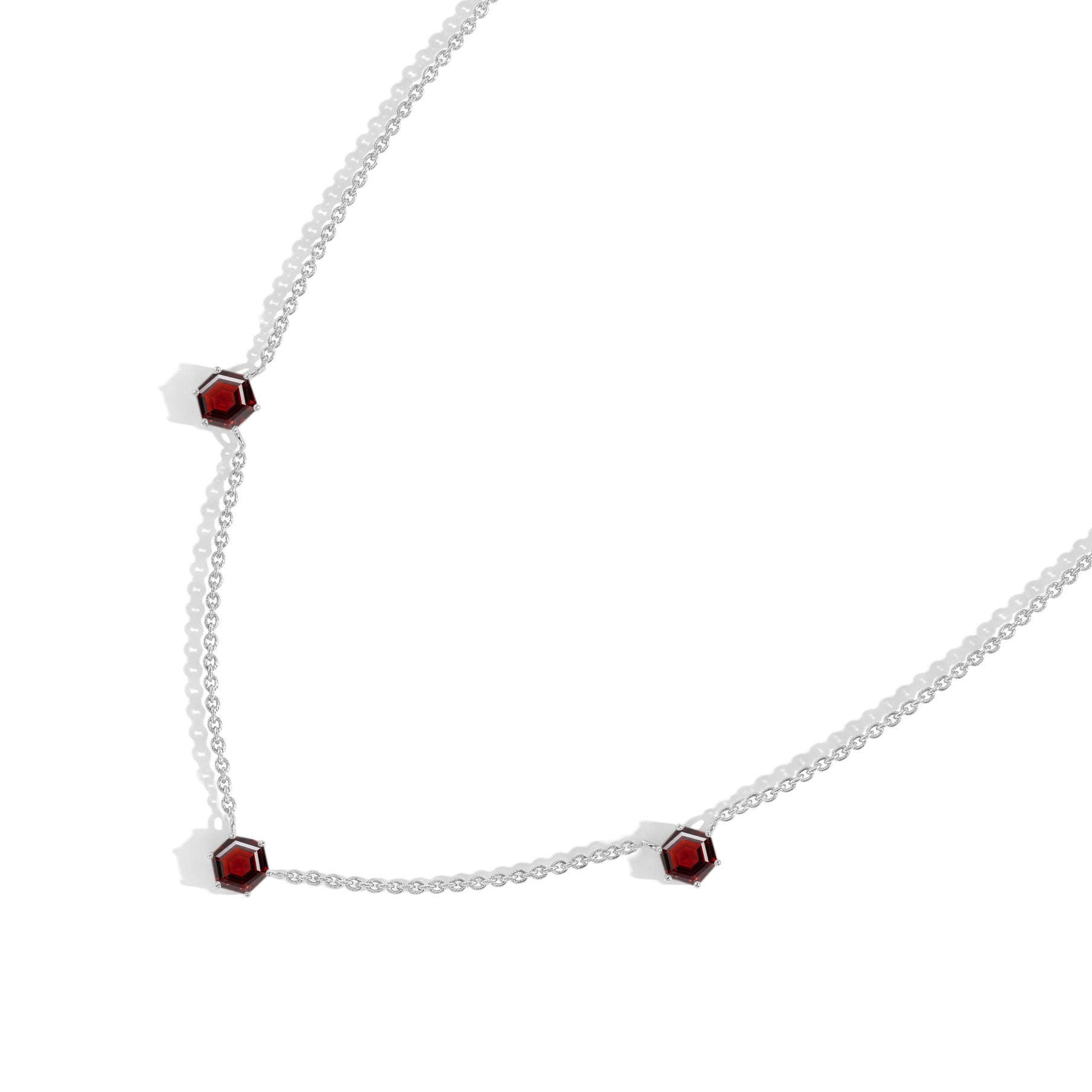 Yellow gold filled garnet necklace with three stone station design for women
