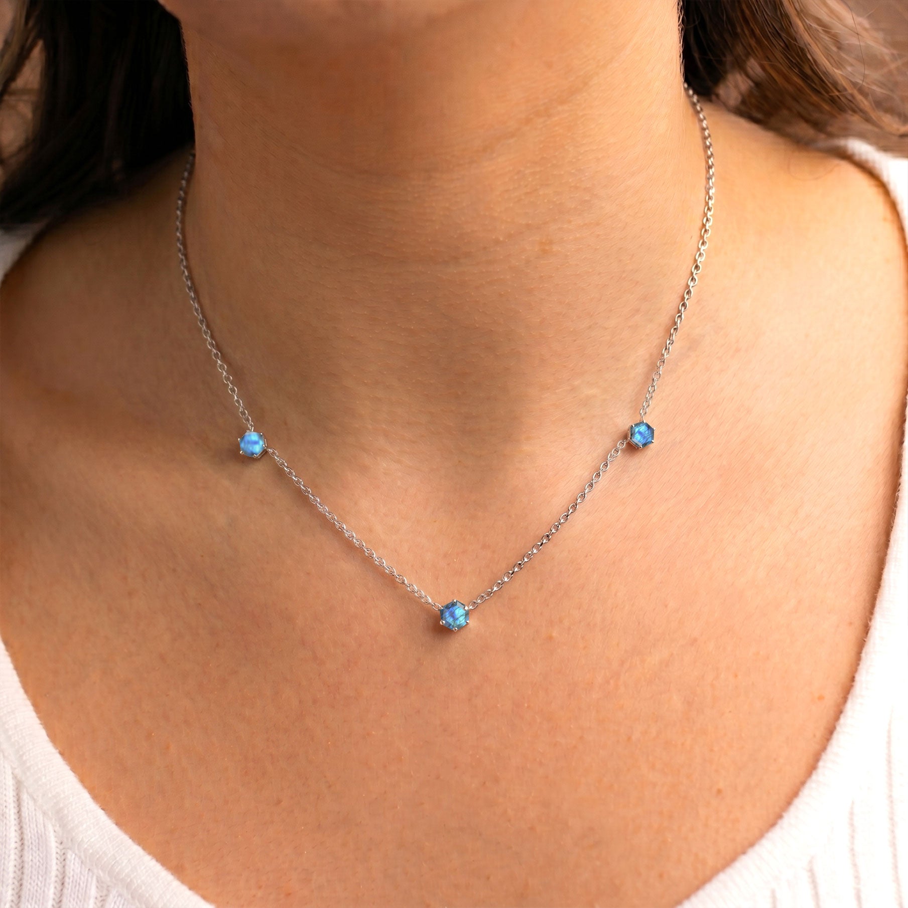 Elegant labradorite gemstone necklace with three stone design for women
