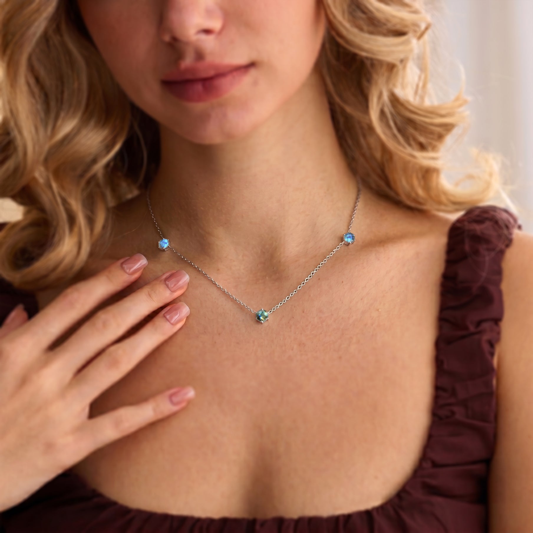 Labradorite necklace with three 6mm hexagon cut gemstones and adjustable chain extender
