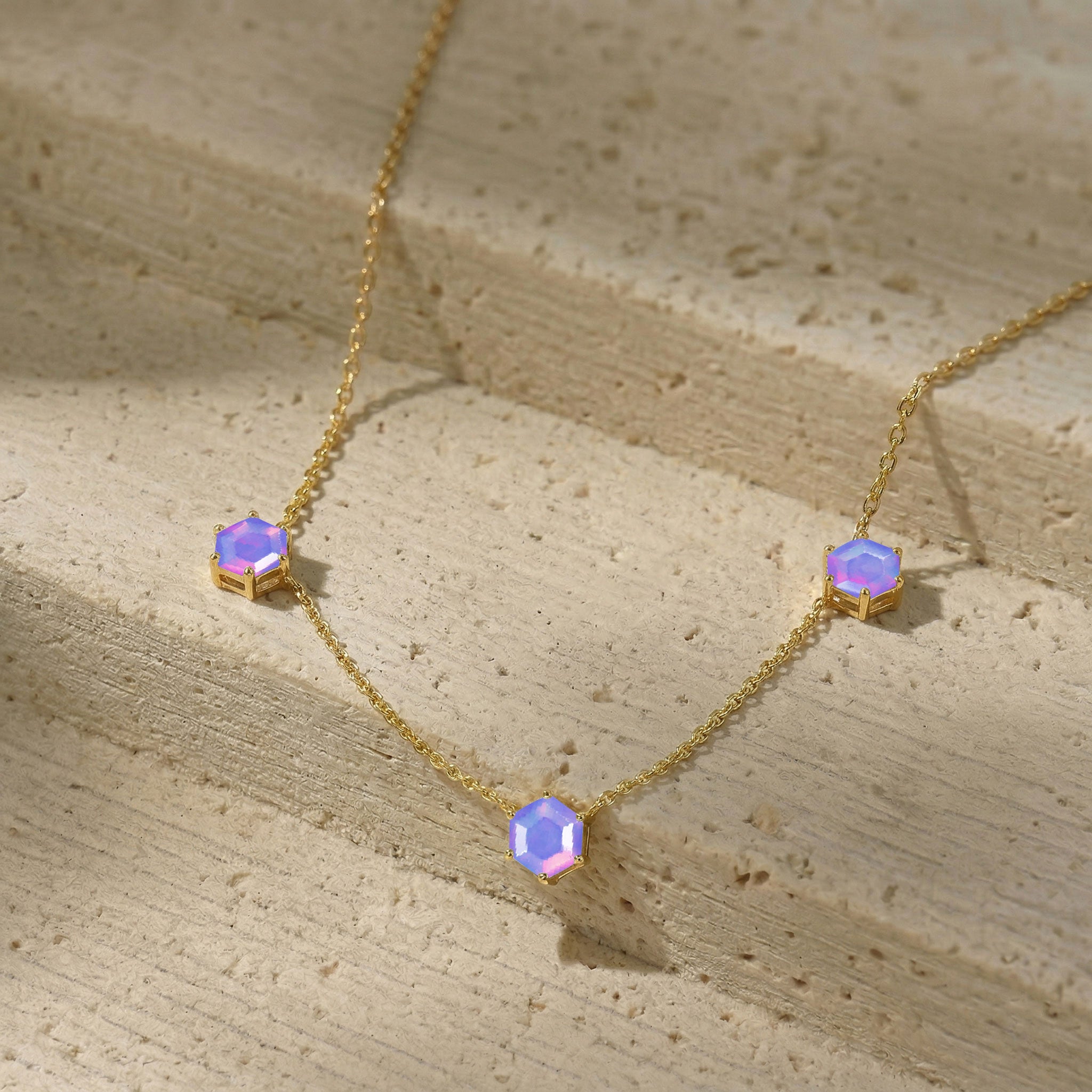 Lavender opal station necklace with three 6mm hexagon cut gemstones and extender chain
