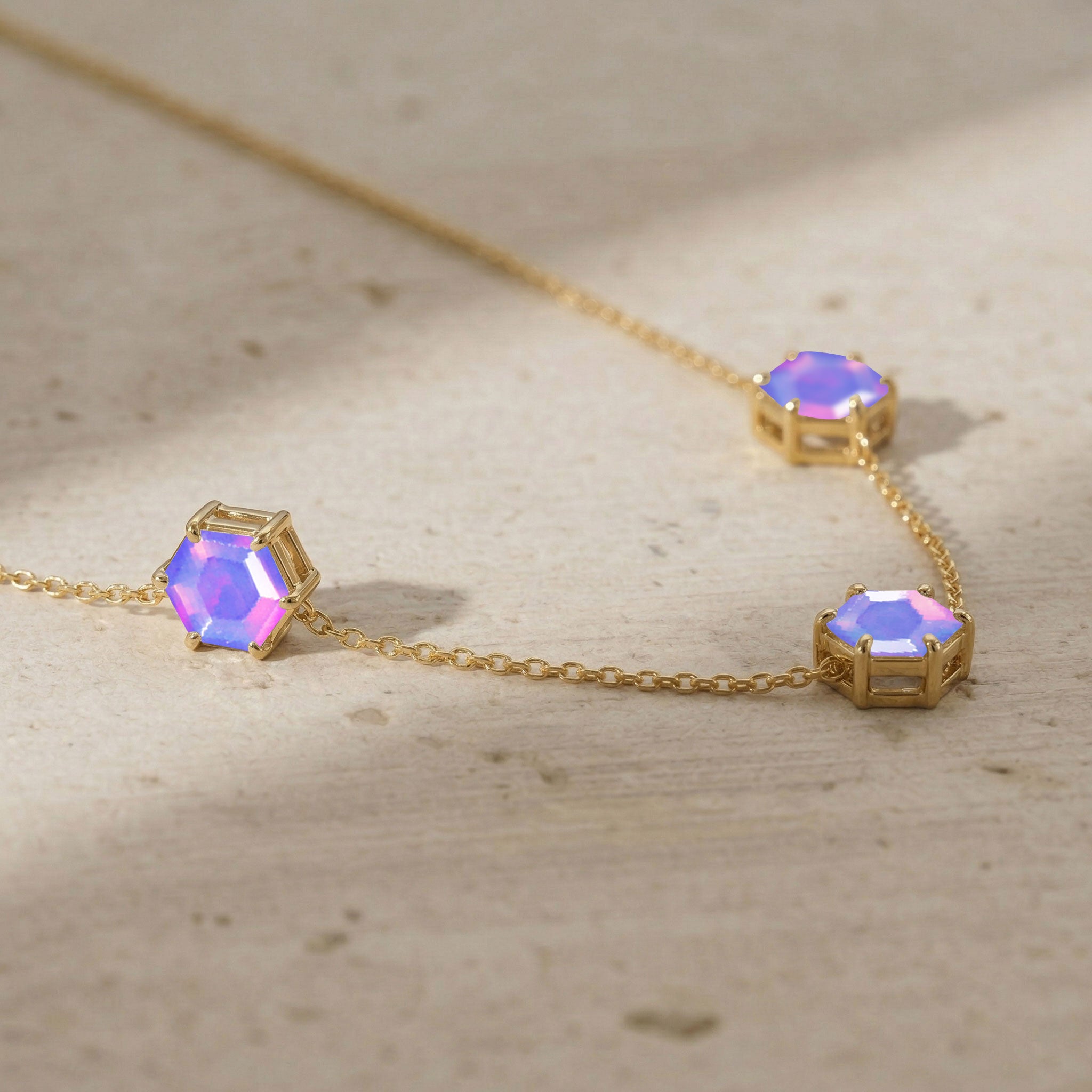 Yellow gold filled lavender opal three stone necklace with luxury gemstone settings
