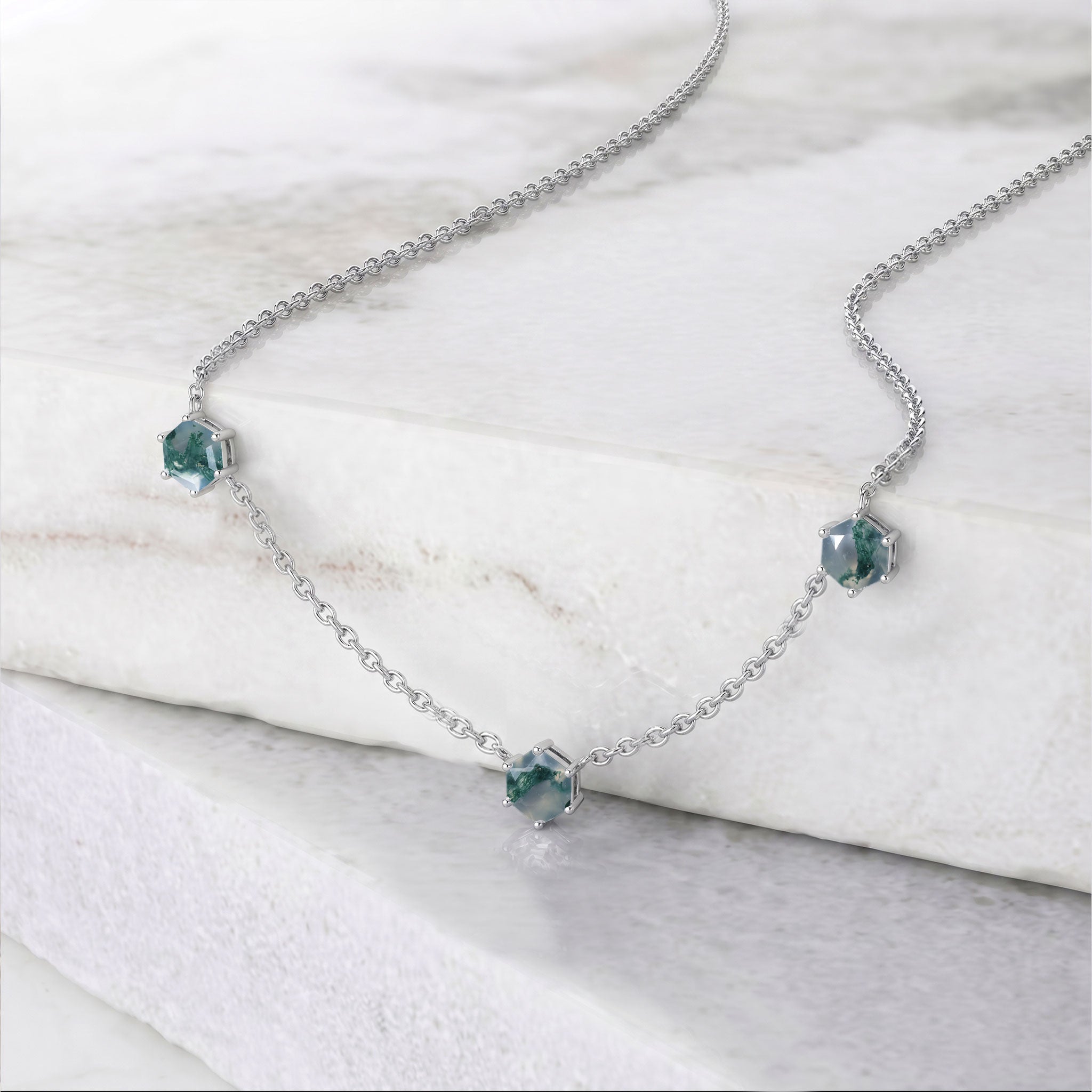 Three stone moss agate necklace with 6mm hexagon cut gemstones and extender chain
