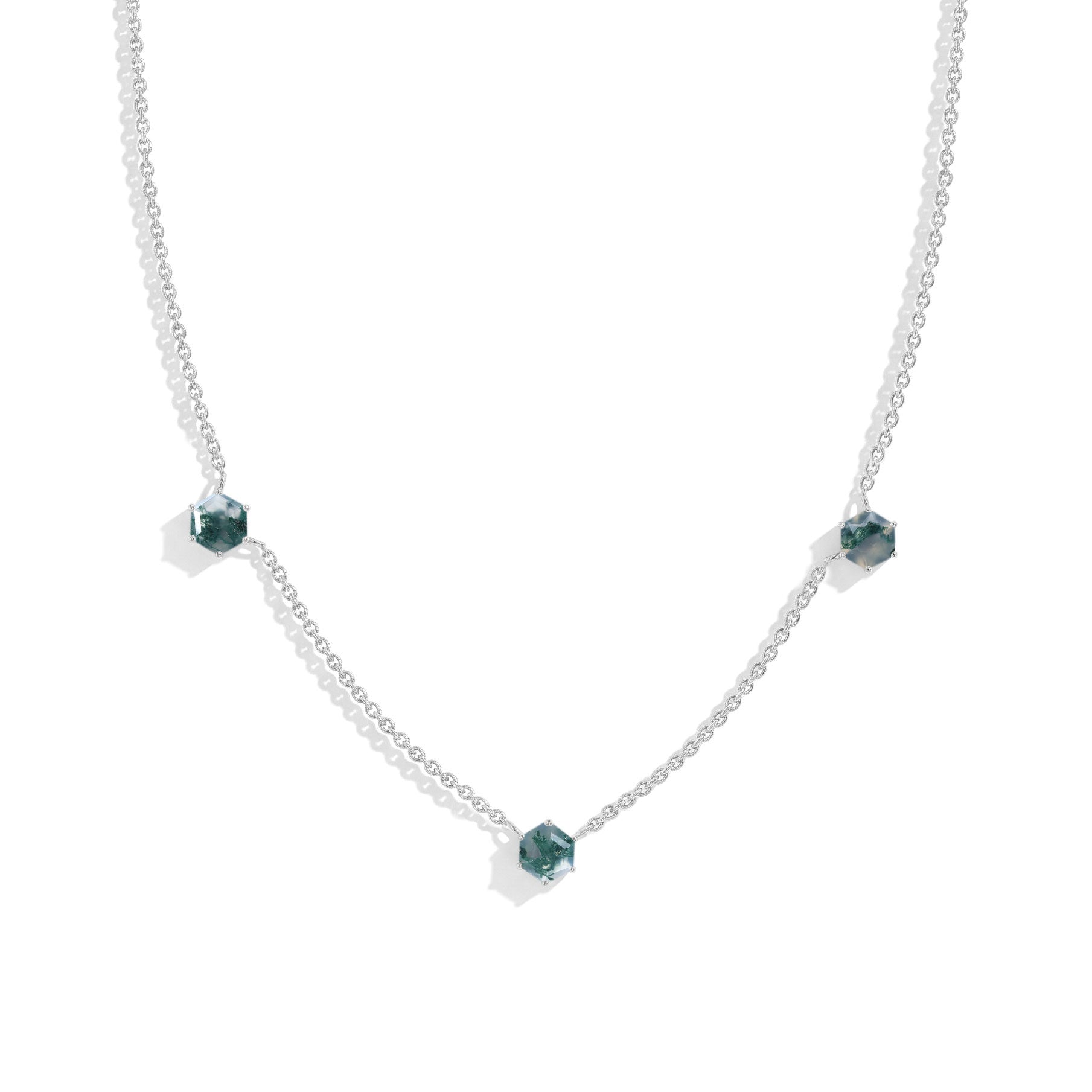 "Natural moss agate three stone station necklace with hexagon cut gemstones

